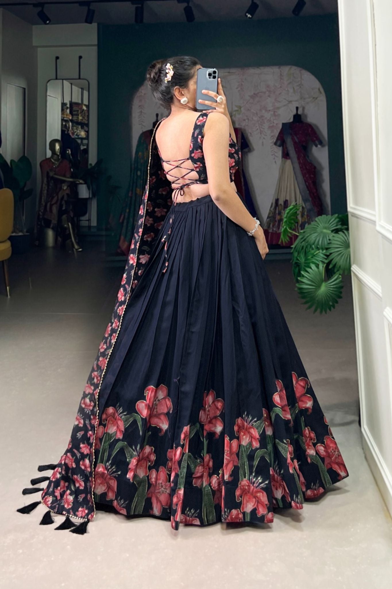 Floral Print Foil Work Silk Lehenga Choli