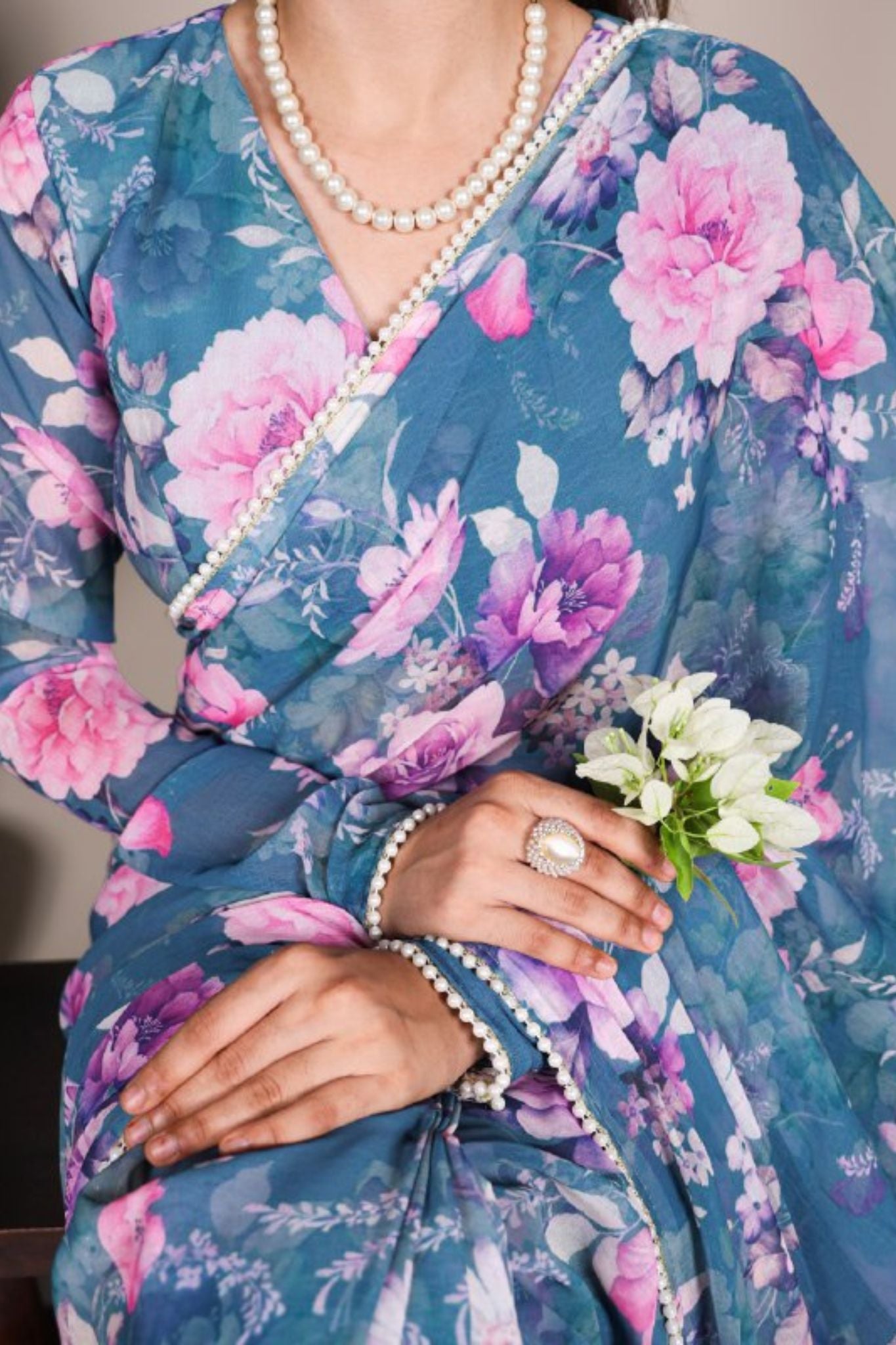 Elegant Pearl Lace Detailing Floral Printed Saree