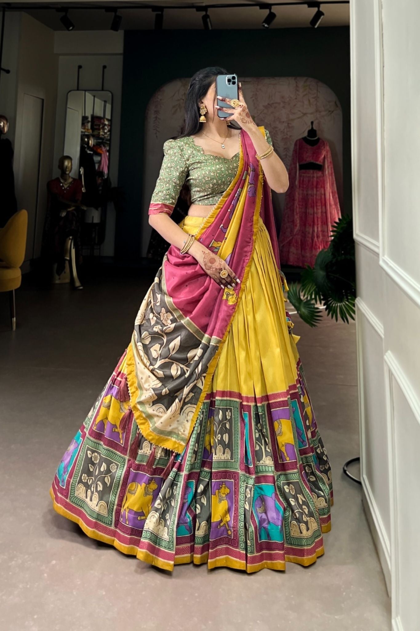 Kalamkari Floral printed South Indian Tradition Lehenga Set