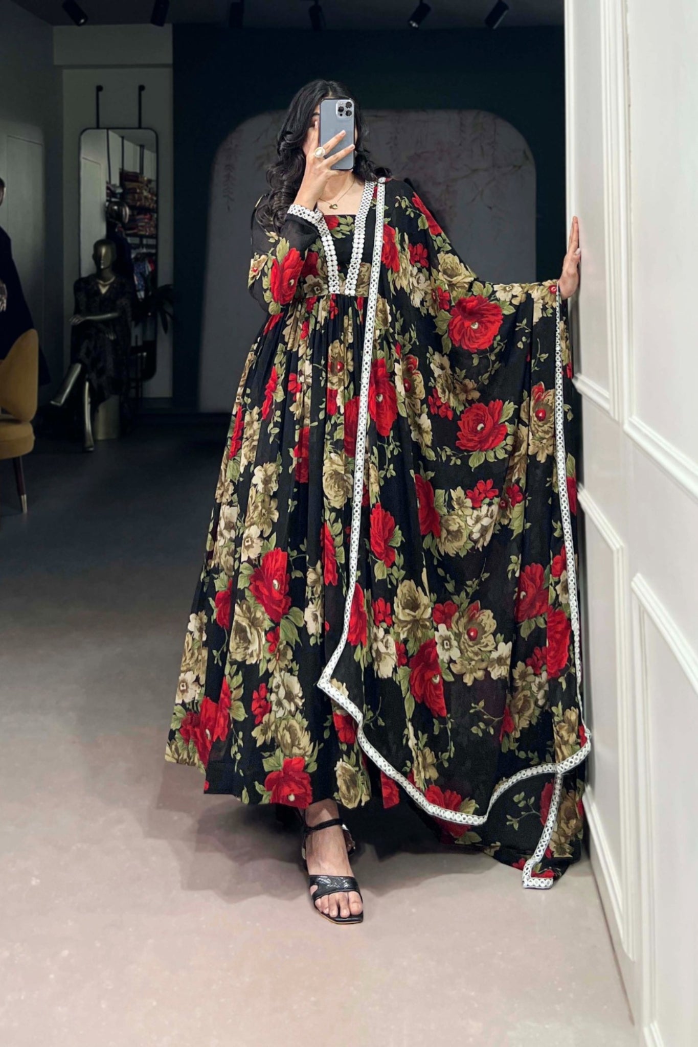 Elegant Floral Printed Georgette Anarkali Gown