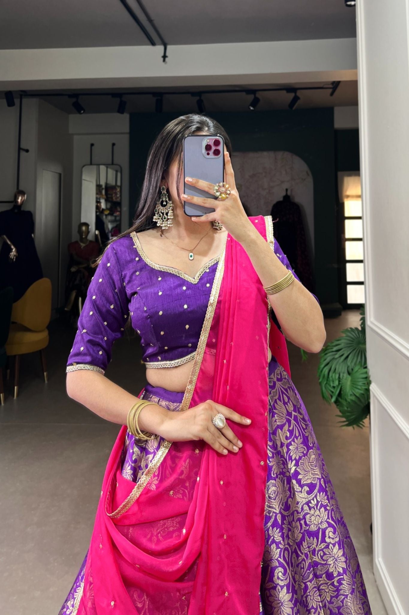 Jacquard Silk Zari Weaving Work South Indian Style Lehenga Set In Purple