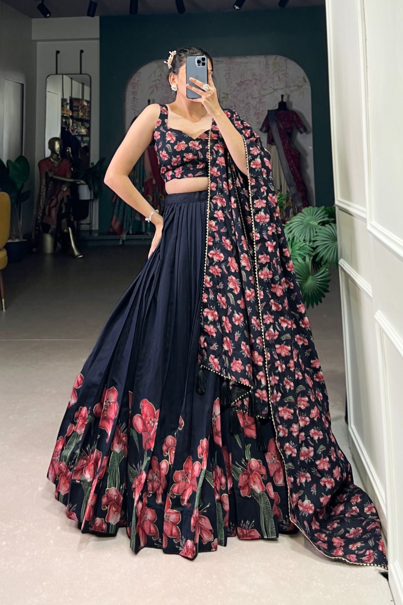 Floral Print Foil Work Silk Lehenga Choli