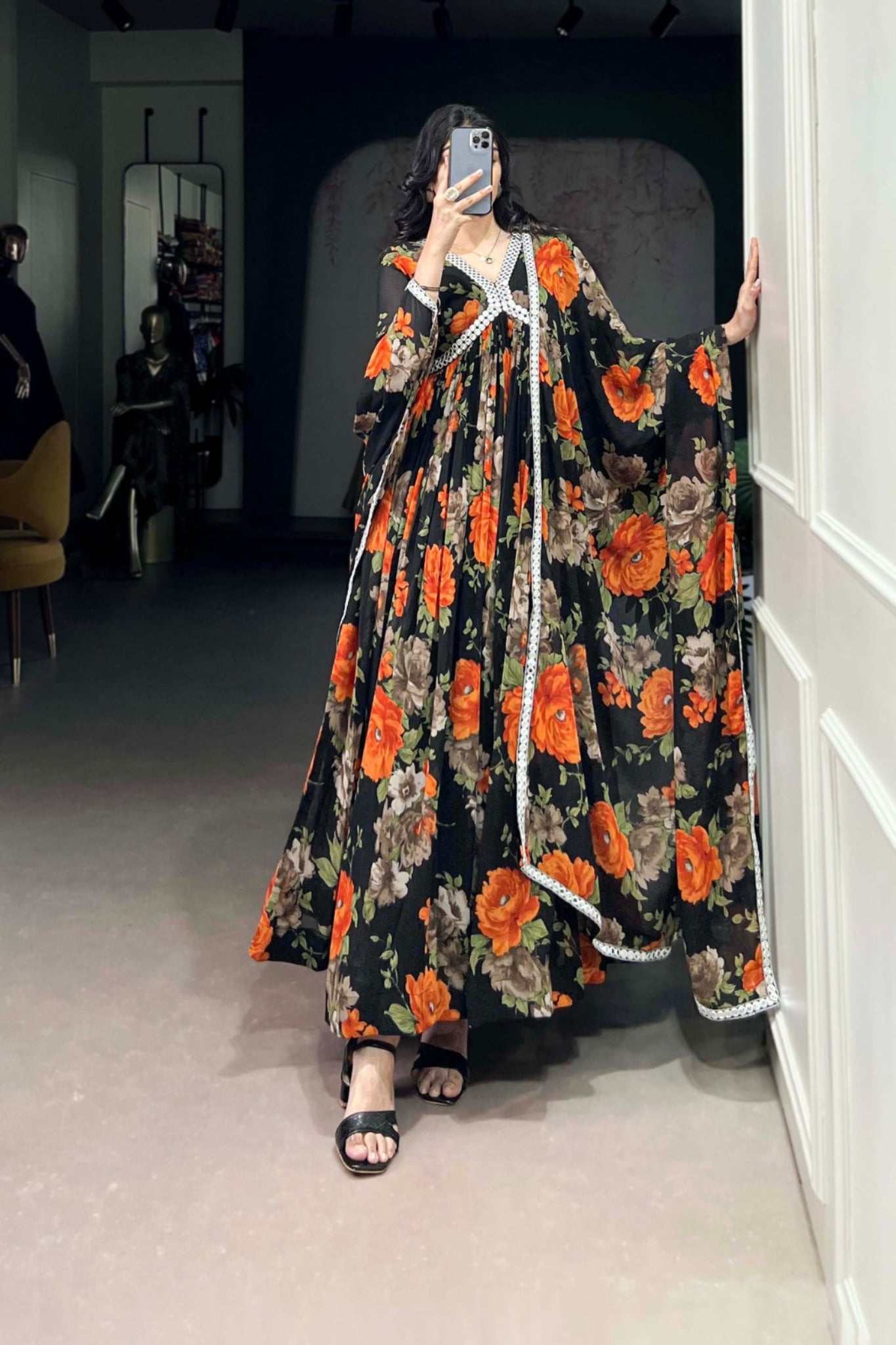 Elegant Floral Printed Georgette Anarkali Gown