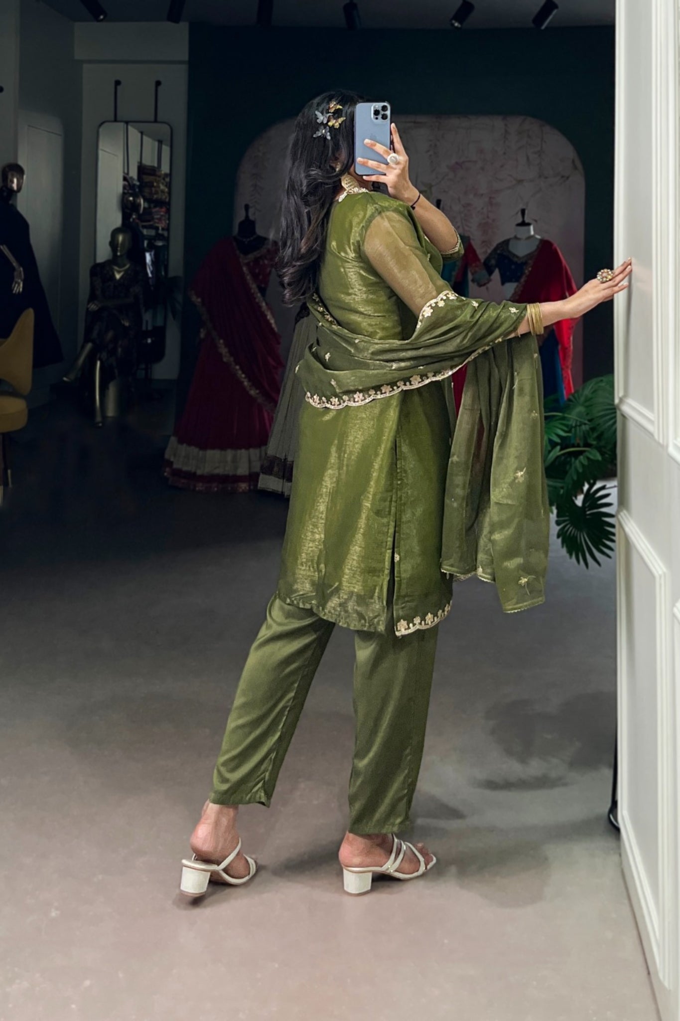 Olive Green Gold Coin Sequins Tread Embroidery Work Ethnic Dress