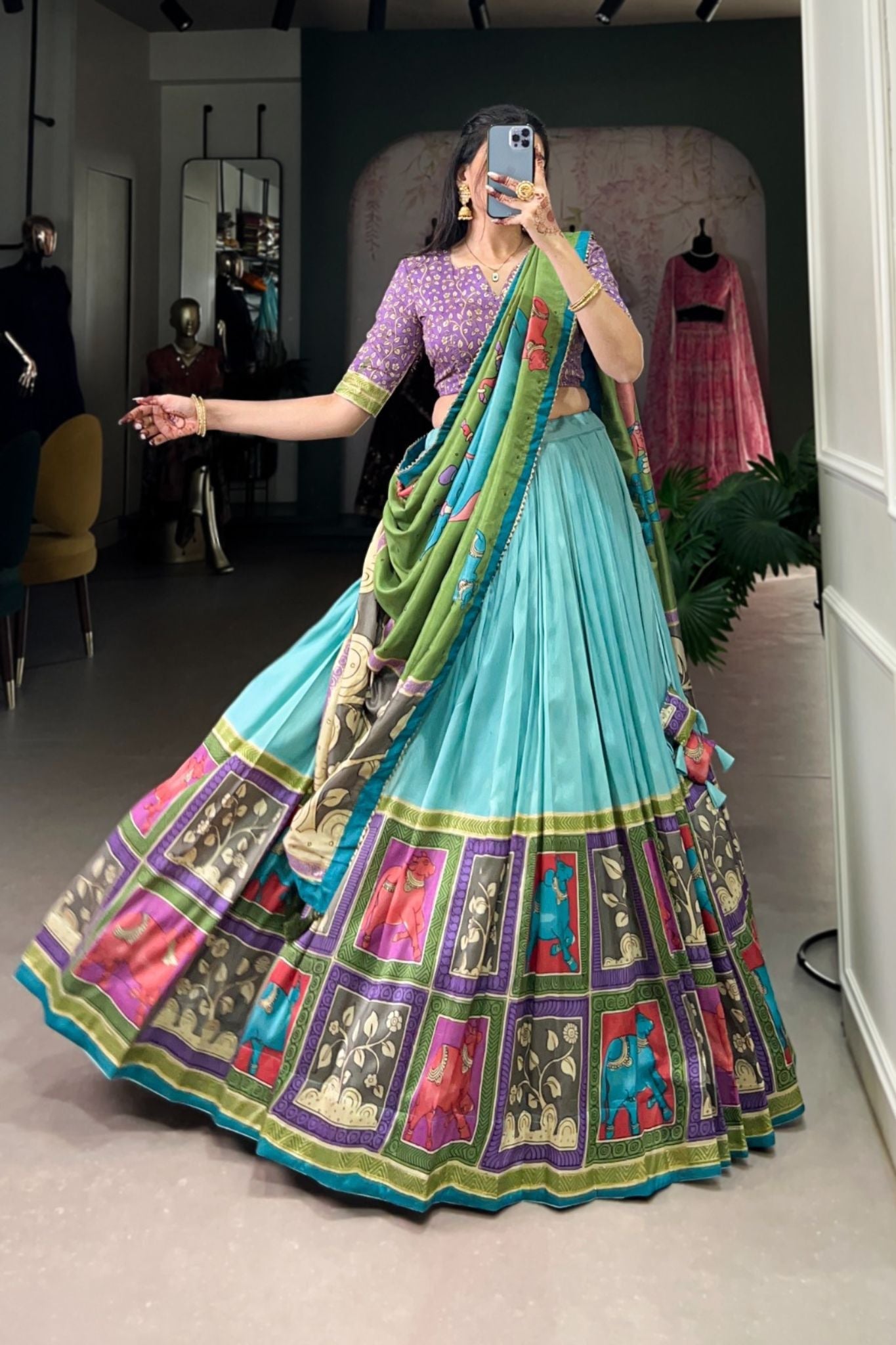 Kalamkari Floral printed South Indian Tradition Lehenga Set