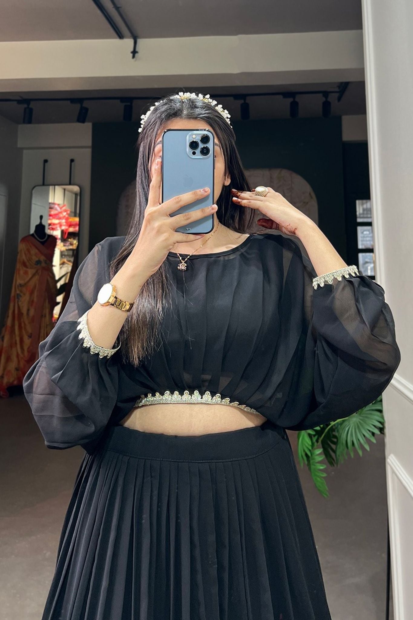 Black Georgette Sequins Thread Embroidered Co-Ord Set