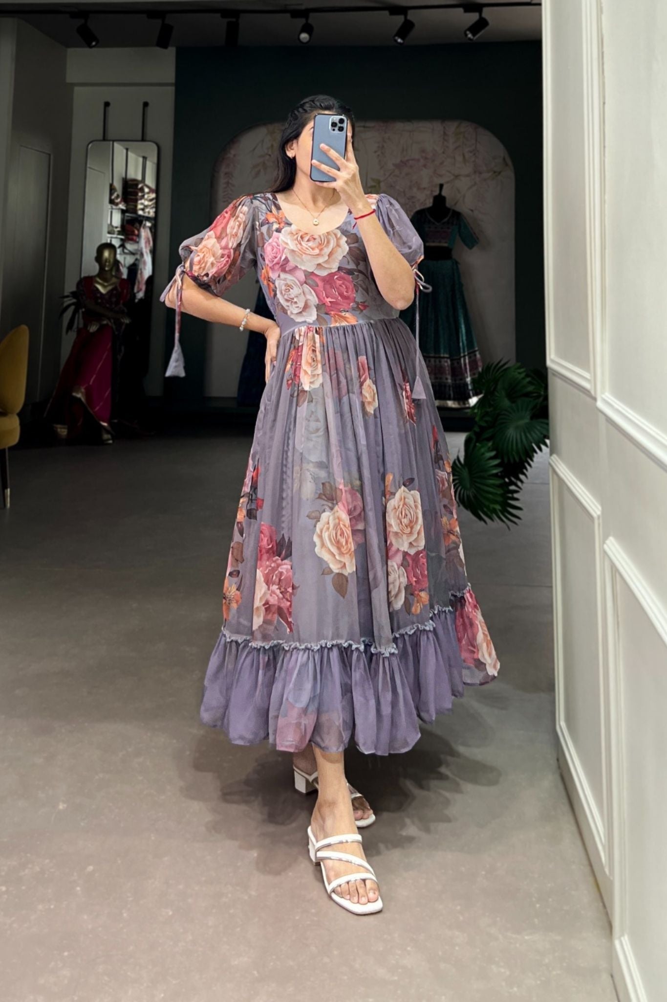 Grey Floral Printed Georgette Dress