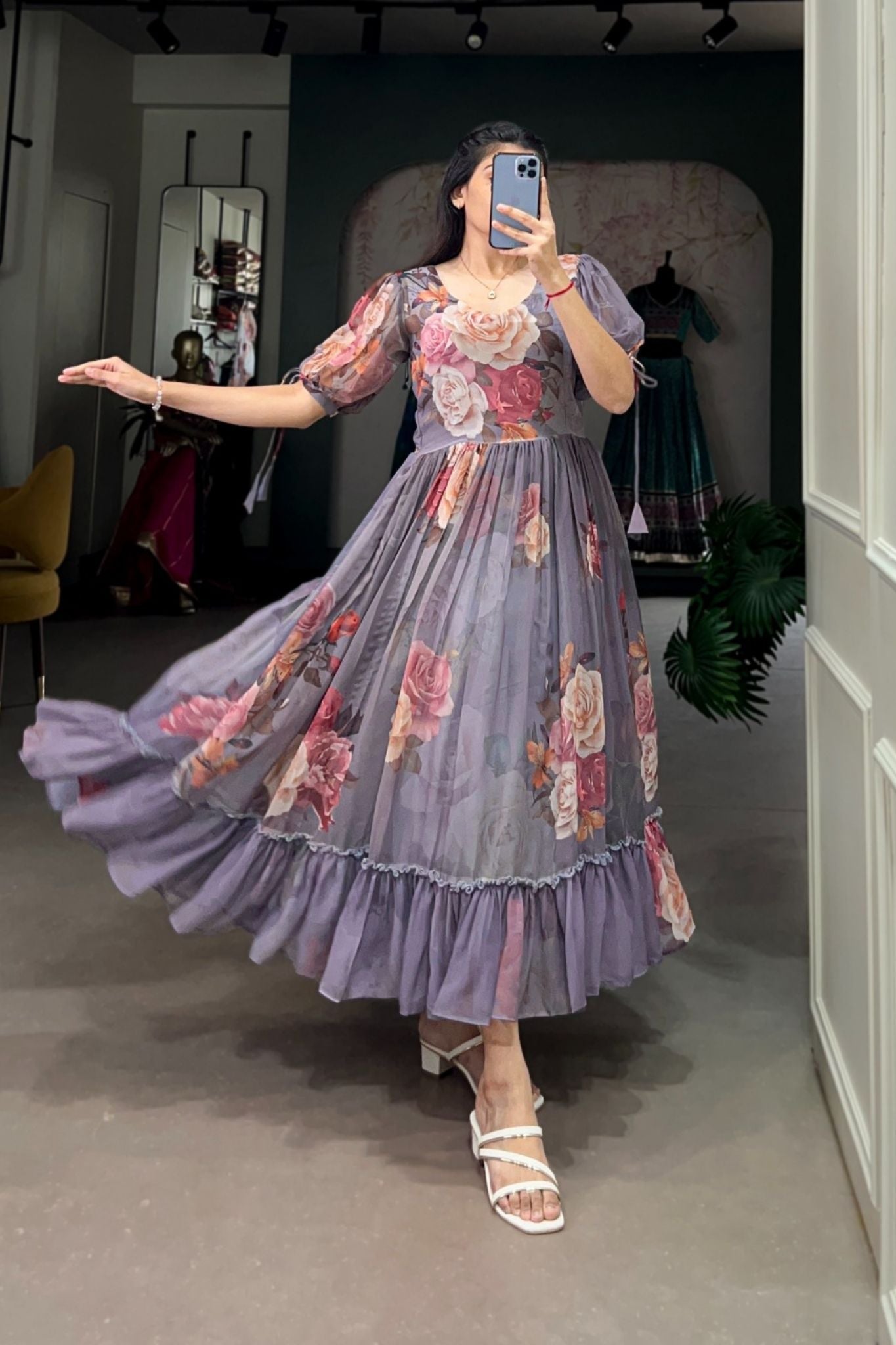 Grey Floral Printed Georgette Dress