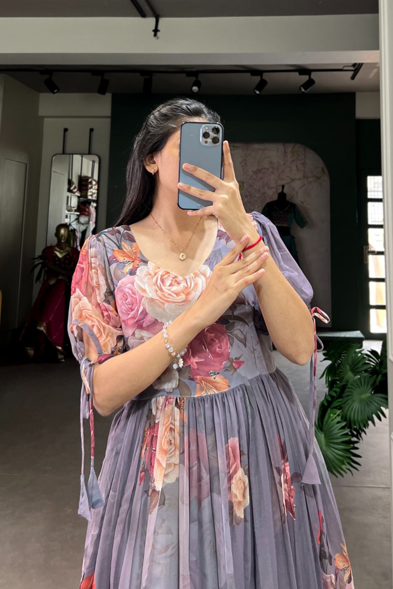 Grey Floral Printed Georgette Dress