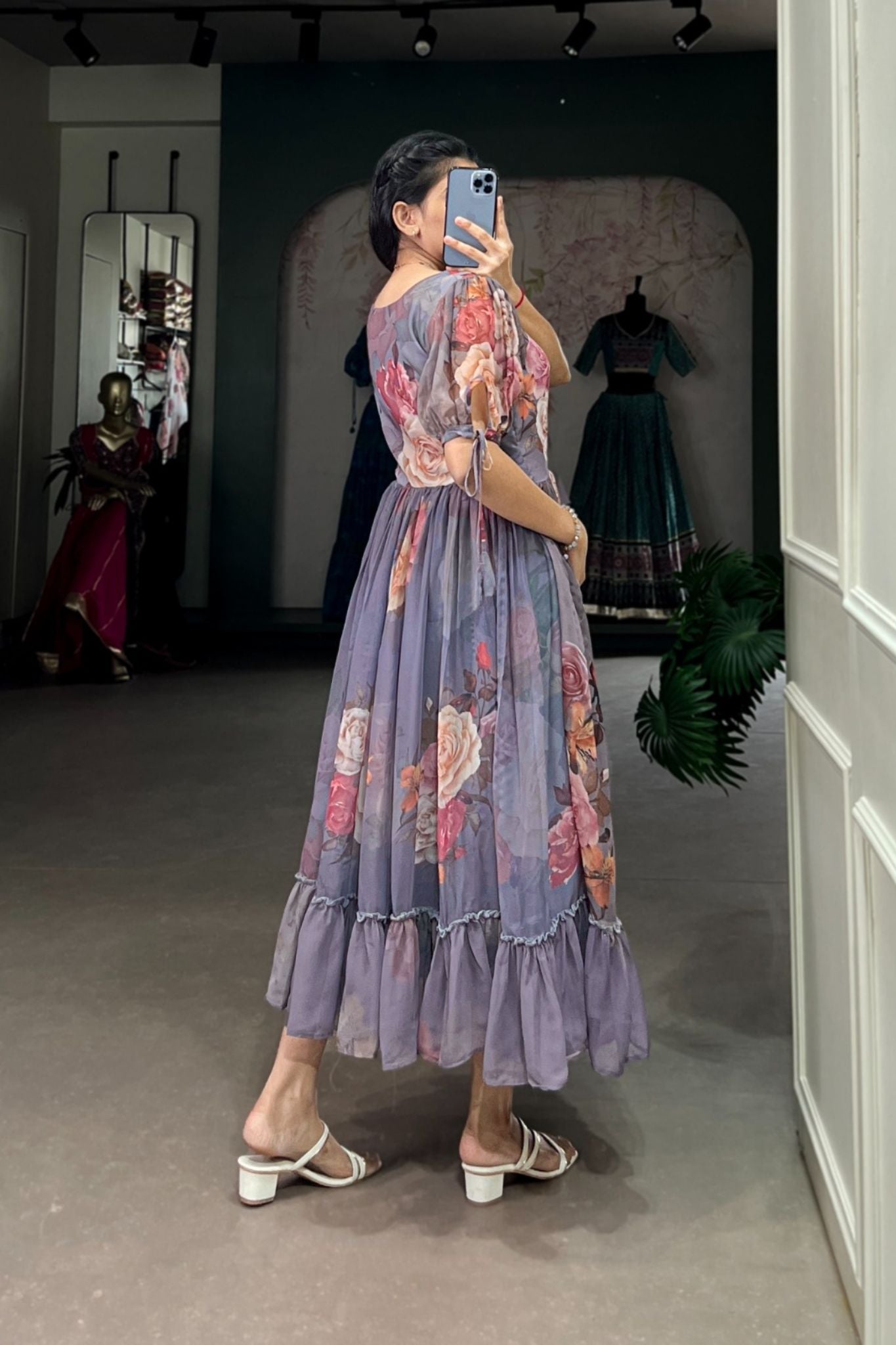 Grey Floral Printed Georgette Dress