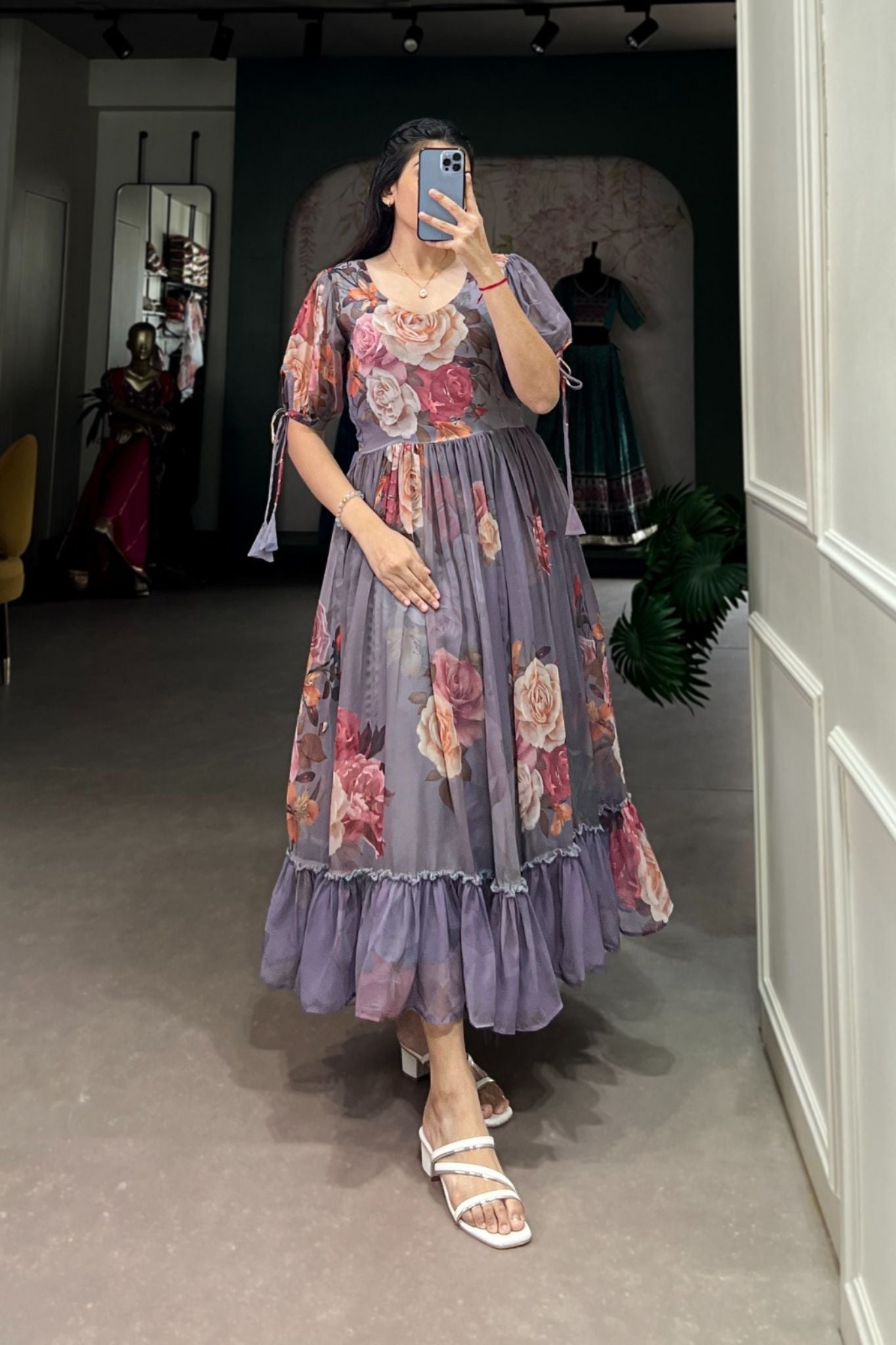 Grey Floral Printed Georgette Dress