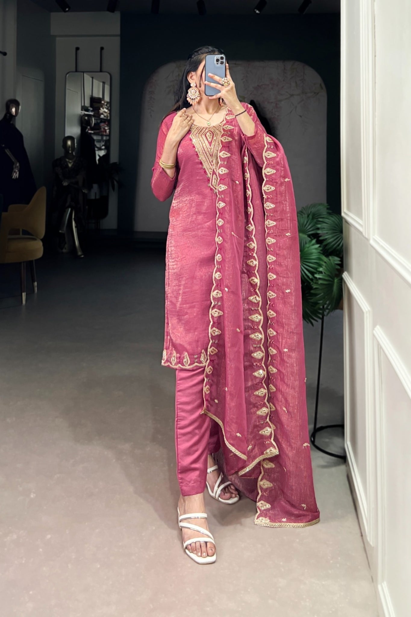 Elegant Silver Glory Embroidered Suit Set For Women