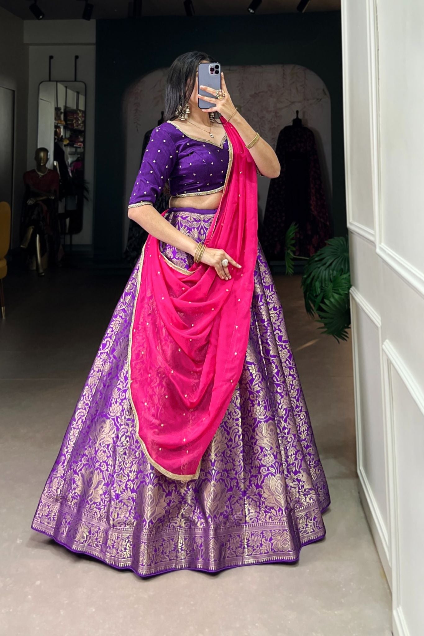 Jacquard Silk Zari Weaving Work South Indian Style Lehenga Set In Purple