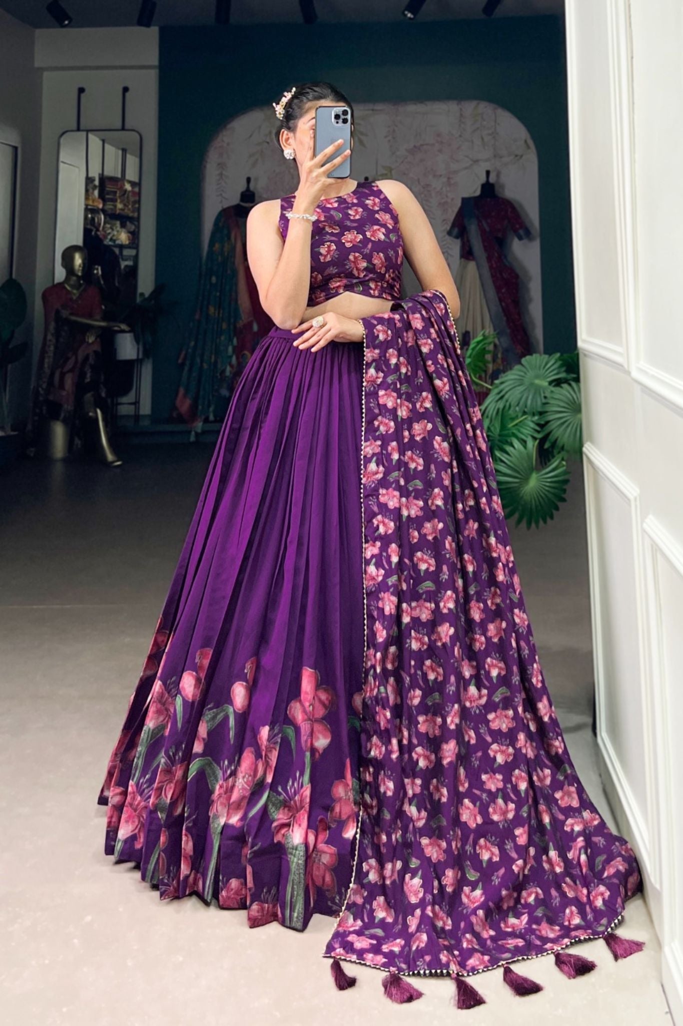 Floral Print Foil Work Silk Lehenga Choli