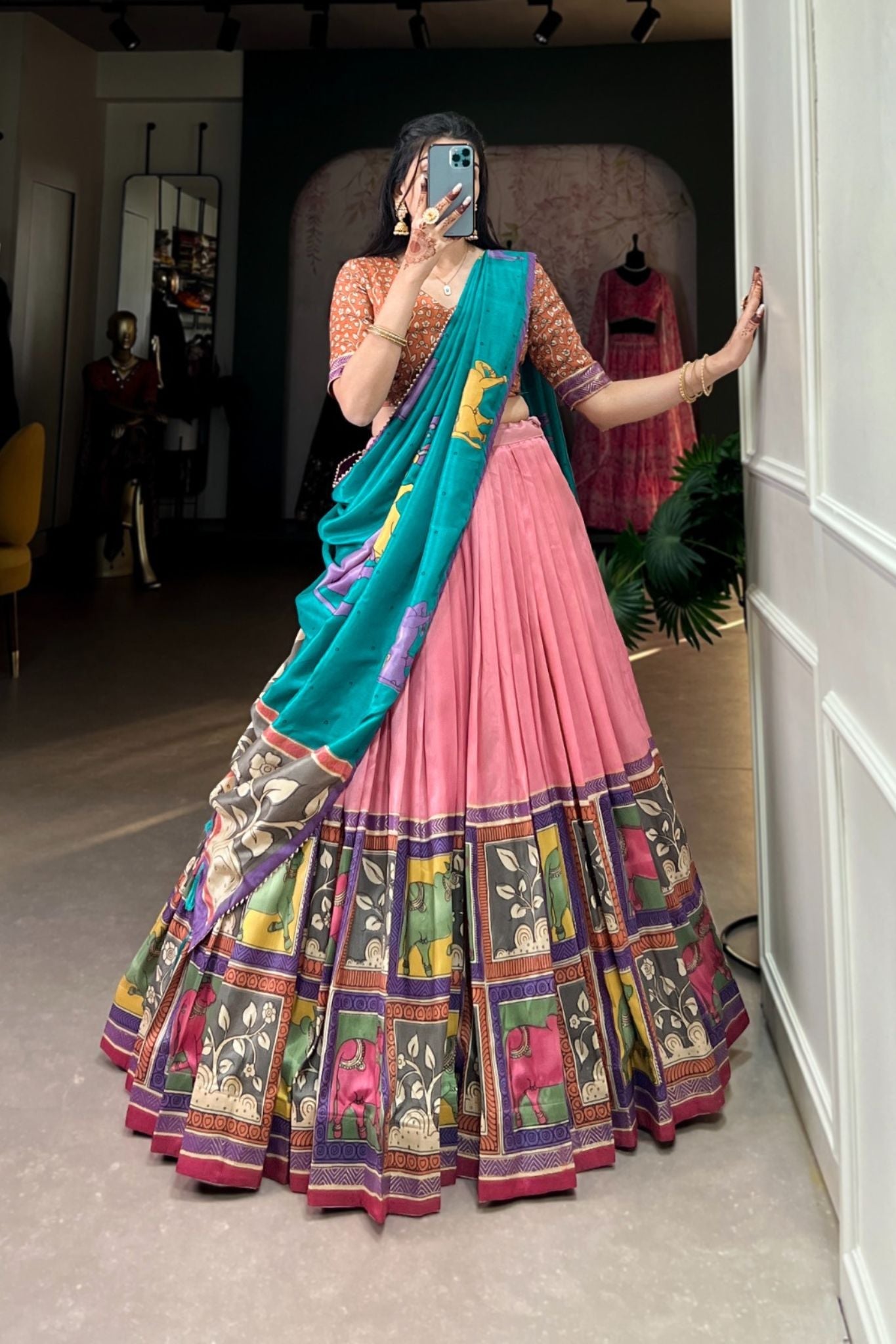 Kalamkari Floral printed South Indian Tradition Lehenga Set