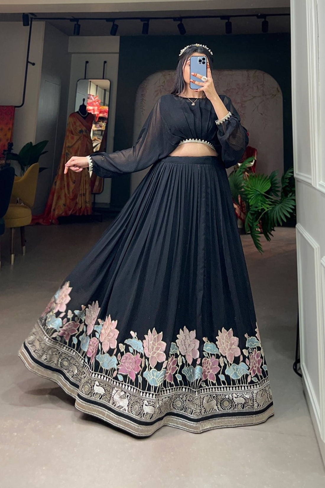 Black Georgette Sequins Thread Embroidered Co-Ord Set