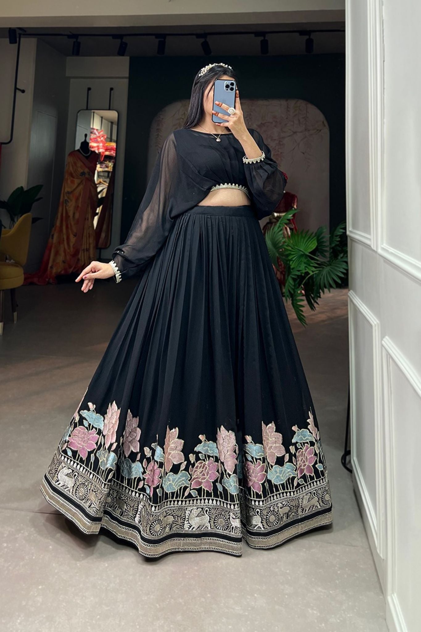 Black Georgette Sequins Thread Embroidered Co-Ord Set