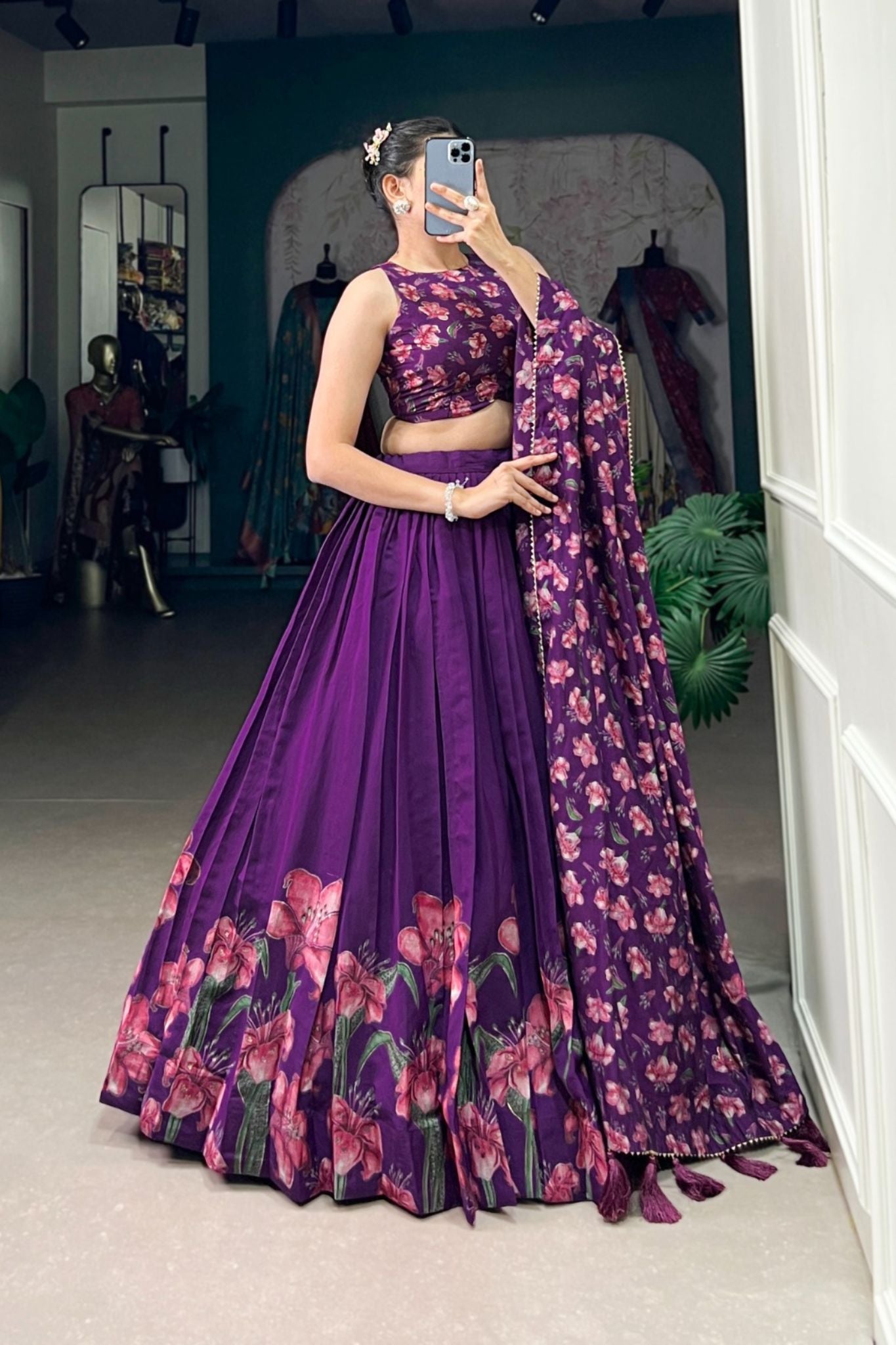 Floral Print Foil Work Silk Lehenga Choli
