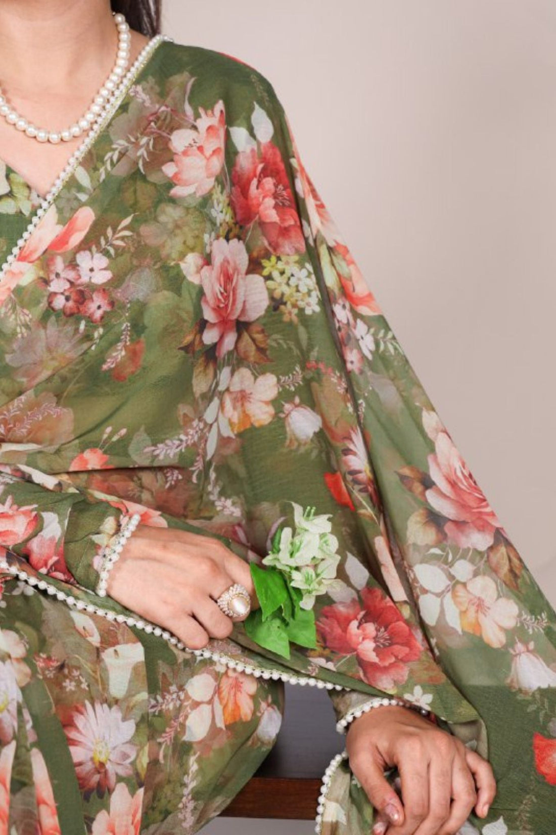 Elegant Pearl Lace Detailing Floral Printed Saree