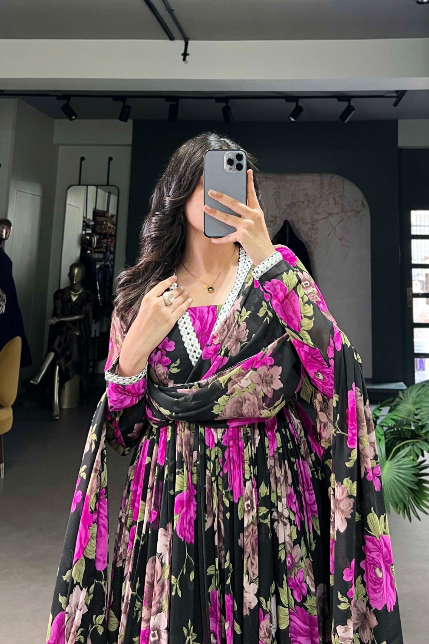 Elegant Floral Printed Georgette Anarkali Gown