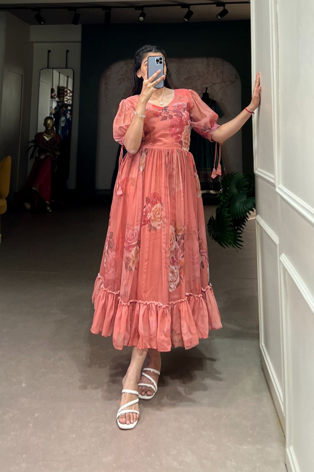 Orange Floral Printed Georgette Dress