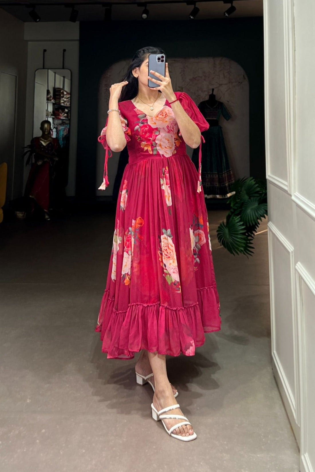 Pink Floral Printed Georgette Dress