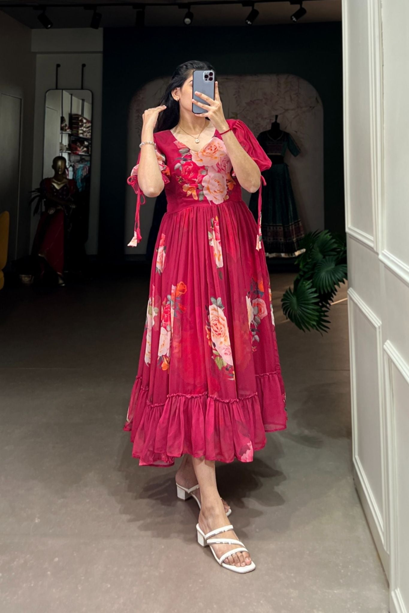 Pink Floral Printed Georgette Dress