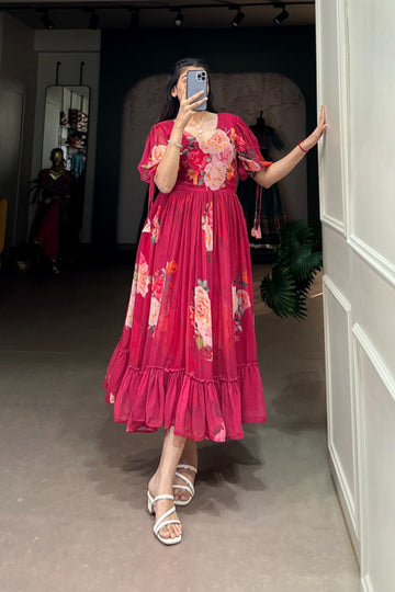 Pink Floral Printed Georgette Dress