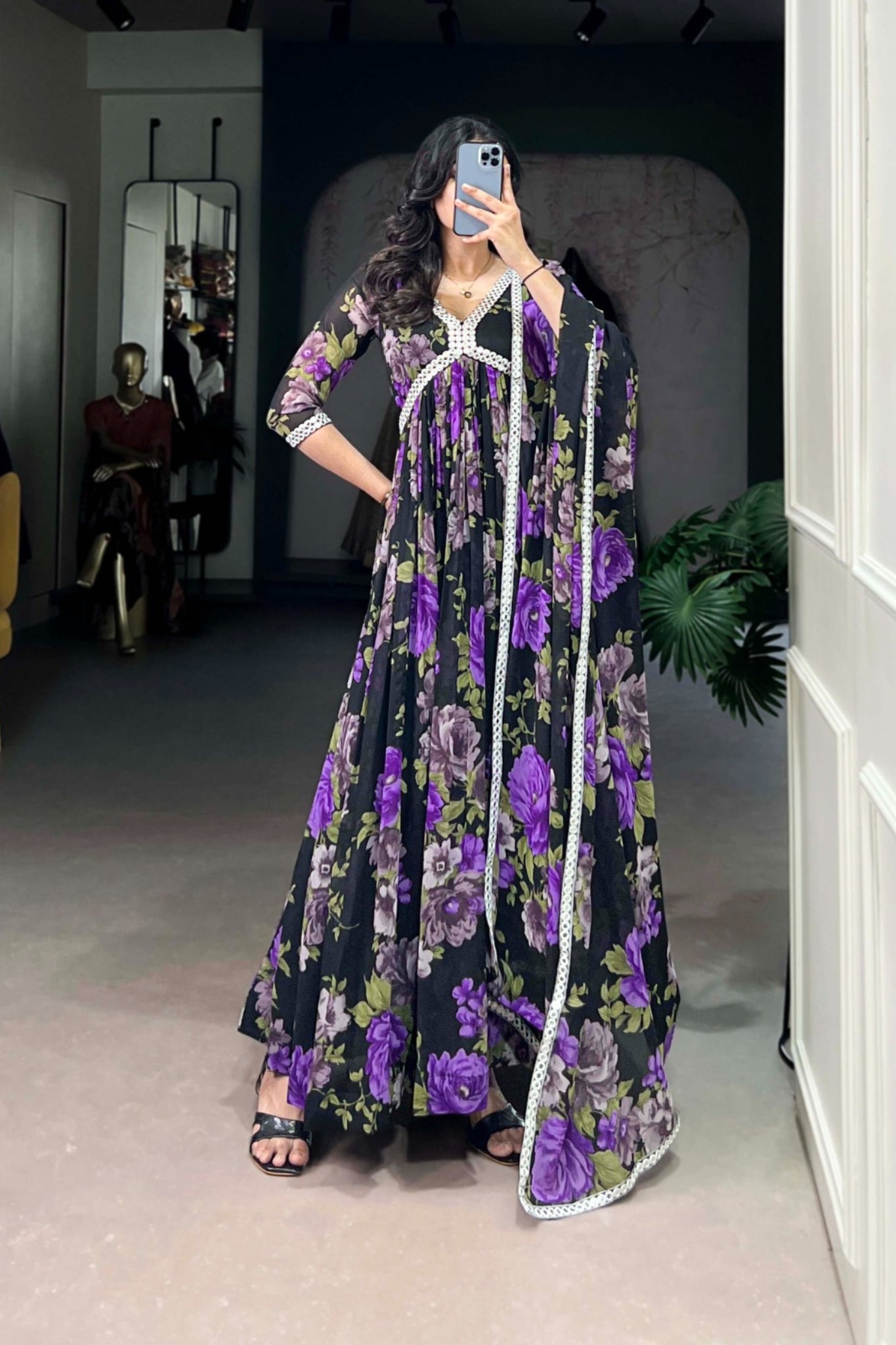 Elegant Floral Printed Georgette Anarkali Gown
