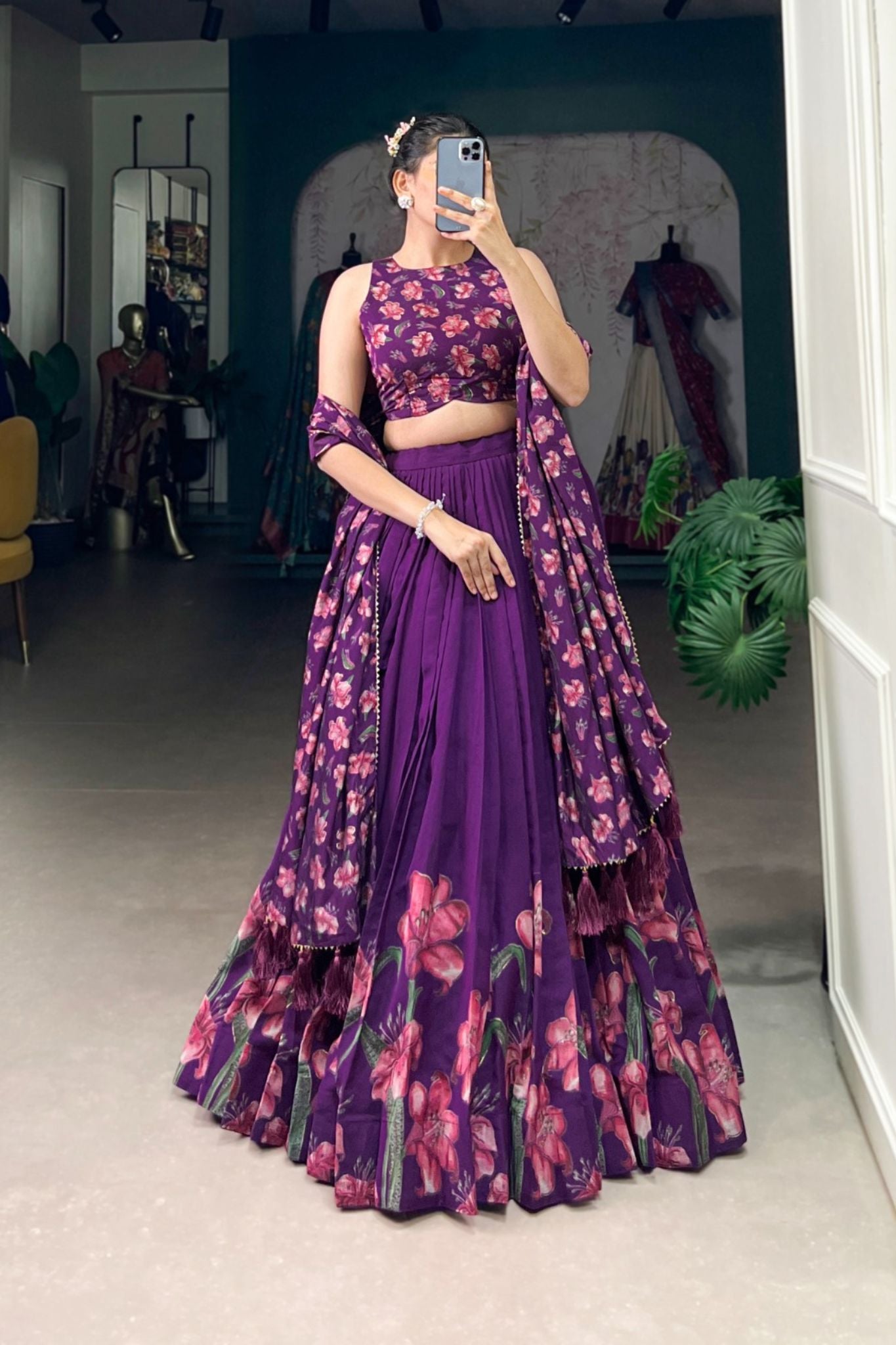 Floral Print Foil Work Silk Lehenga Choli