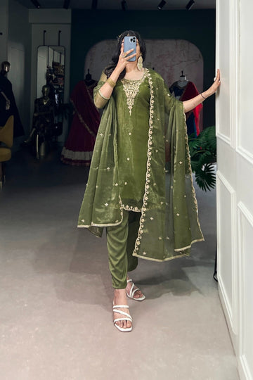 Olive Green Gold Coin Sequins Tread Embroidery Work Ethnic Dress