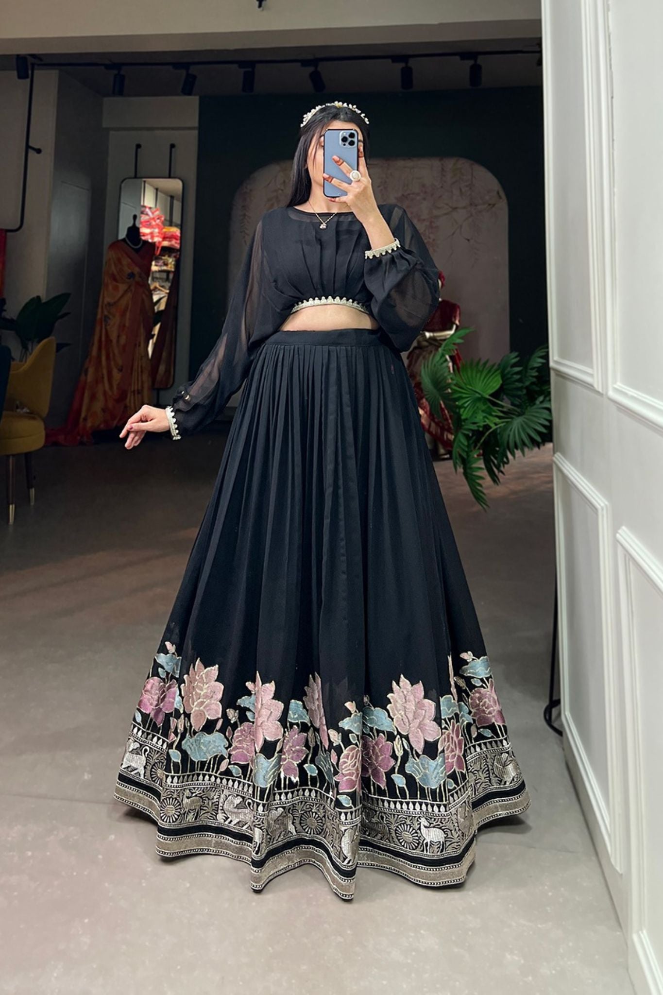 Black Georgette Sequins Thread Embroidered Co-Ord Set