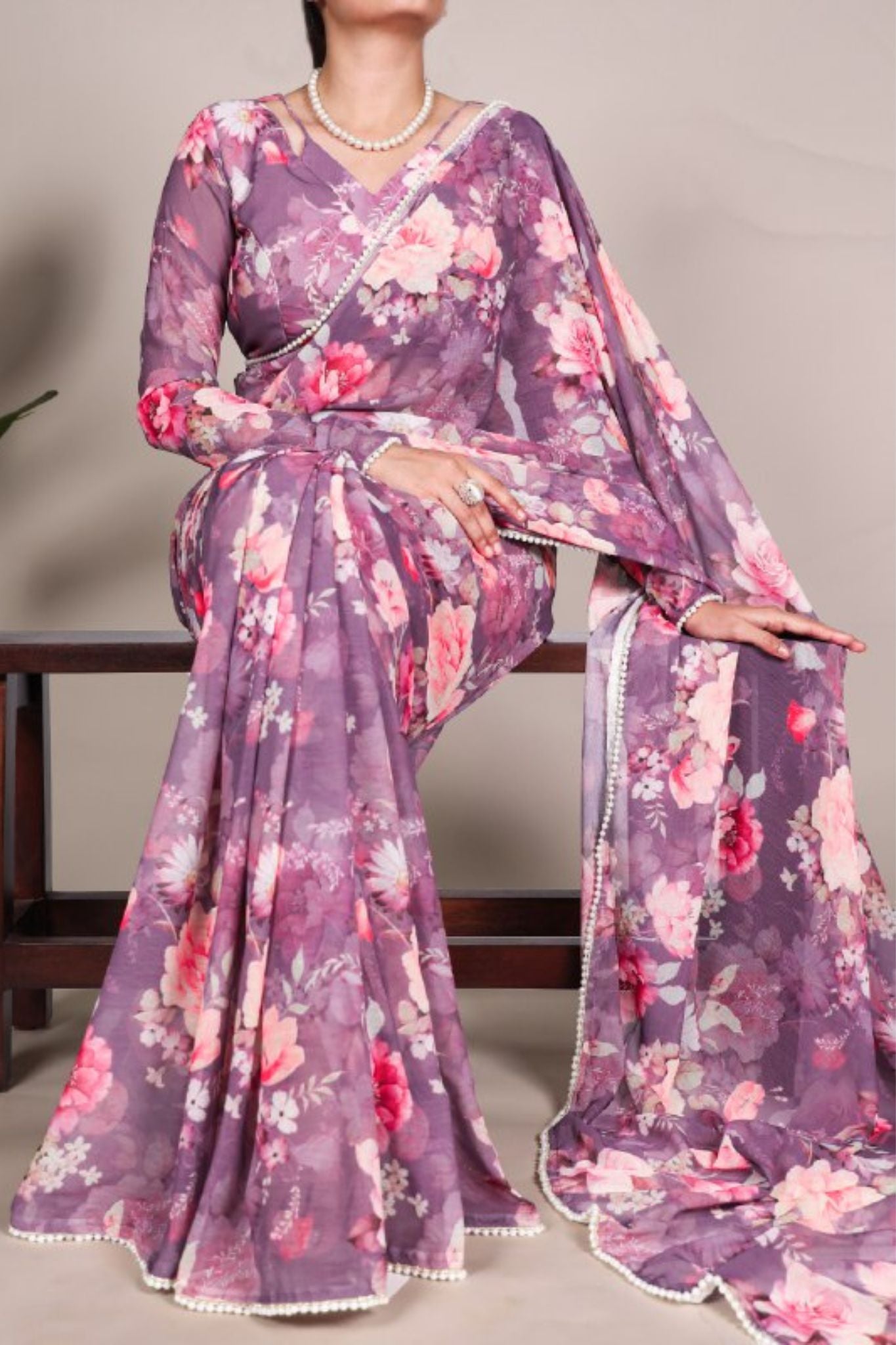 Elegant Pearl Lace Detailing Floral Printed Saree