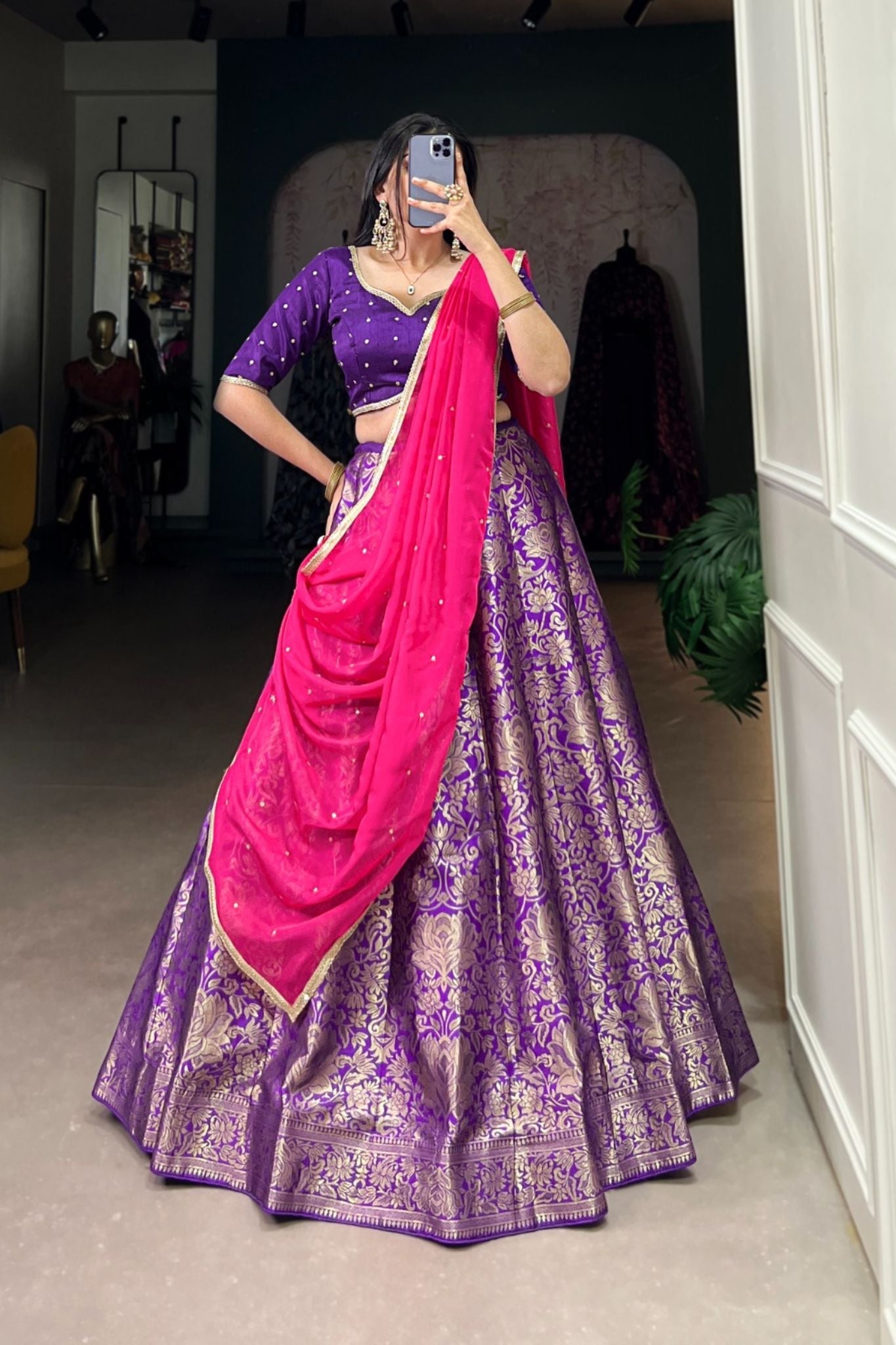 Jacquard Silk Zari Weaving Work South Indian Style Lehenga Set In Purple