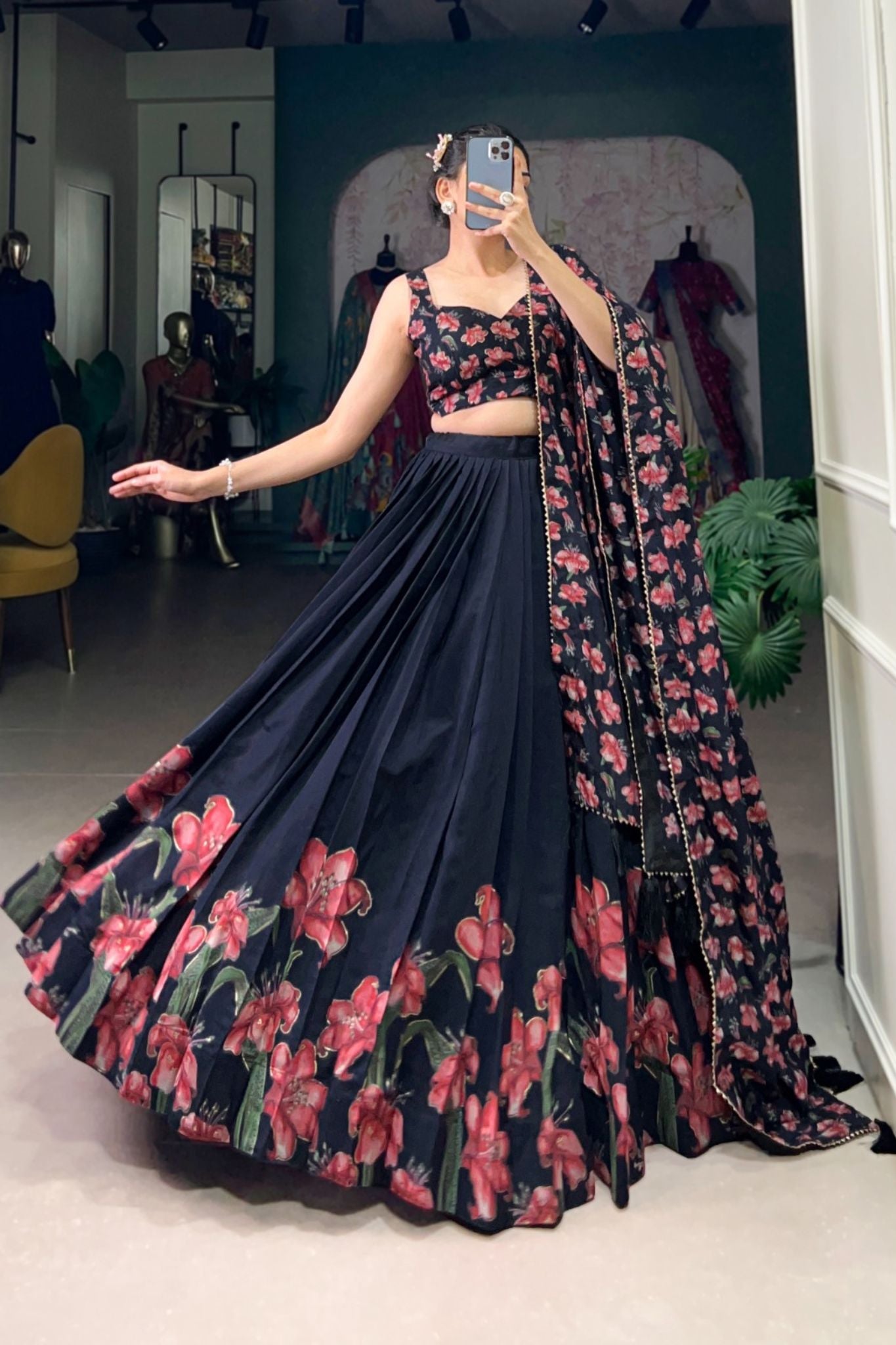 Floral Print Foil Work Silk Lehenga Choli