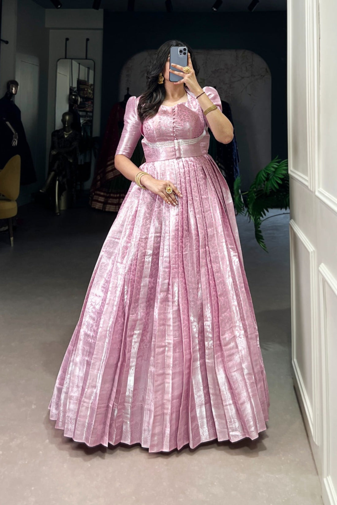 Elegant Kanjivaram Gown With Zari Work & Matching Koti