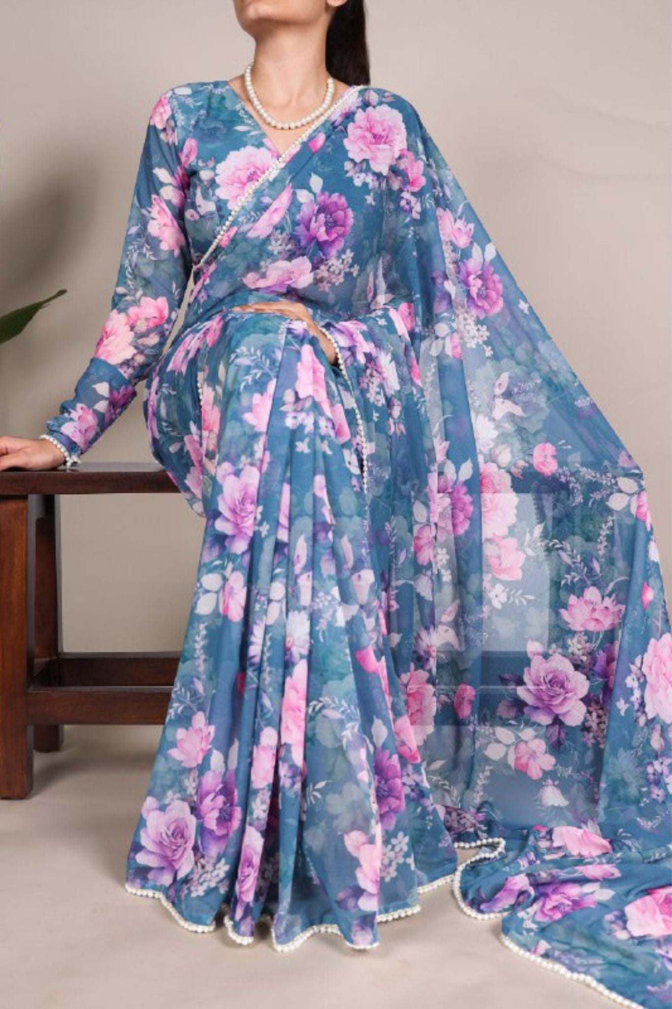 Elegant Pearl Lace Detailing Floral Printed Saree