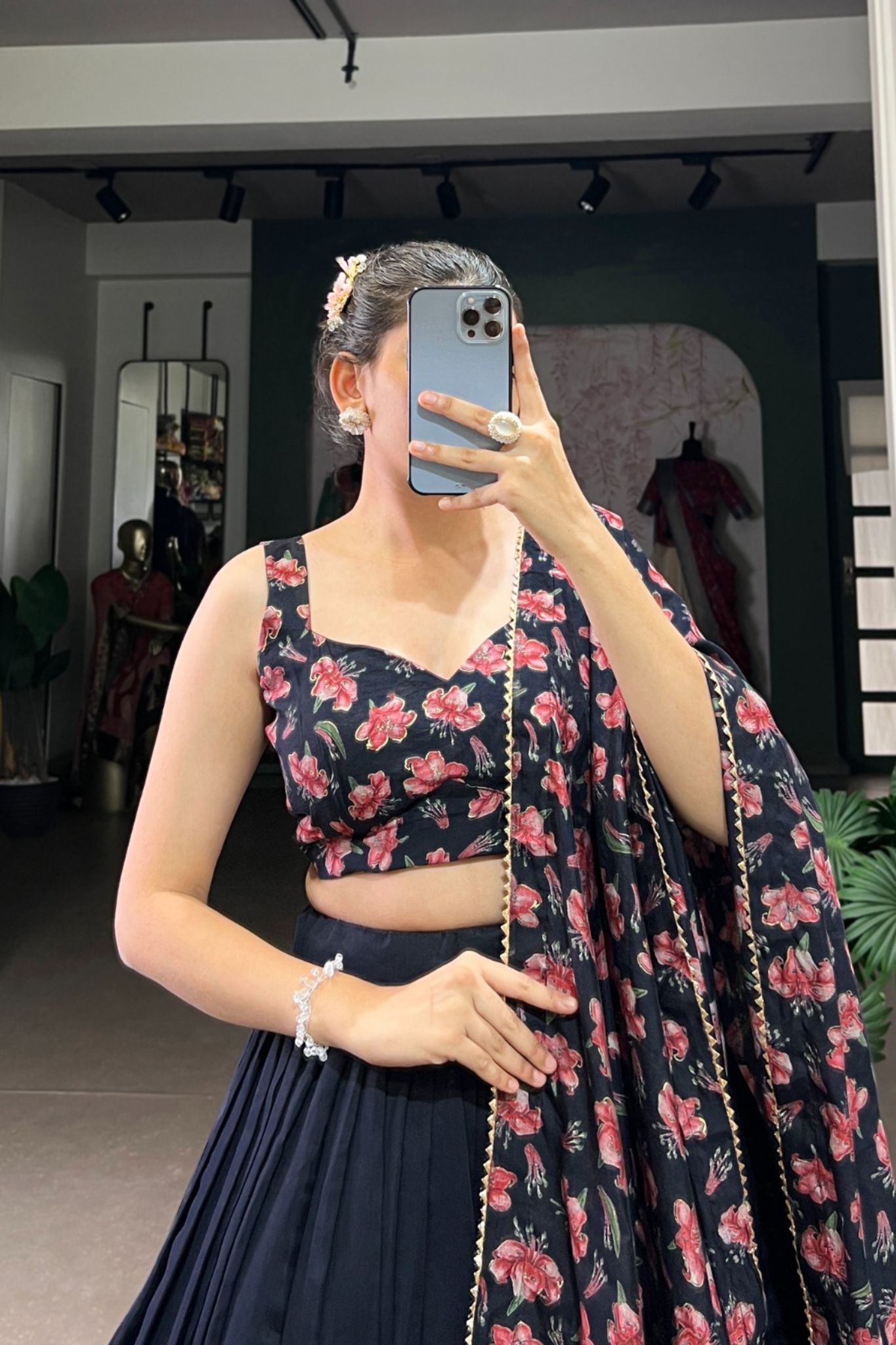 Floral Print Foil Work Silk Lehenga Choli