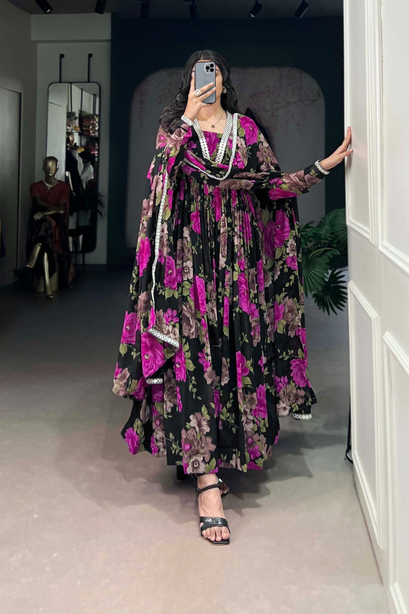 Elegant Floral Printed Georgette Anarkali Gown