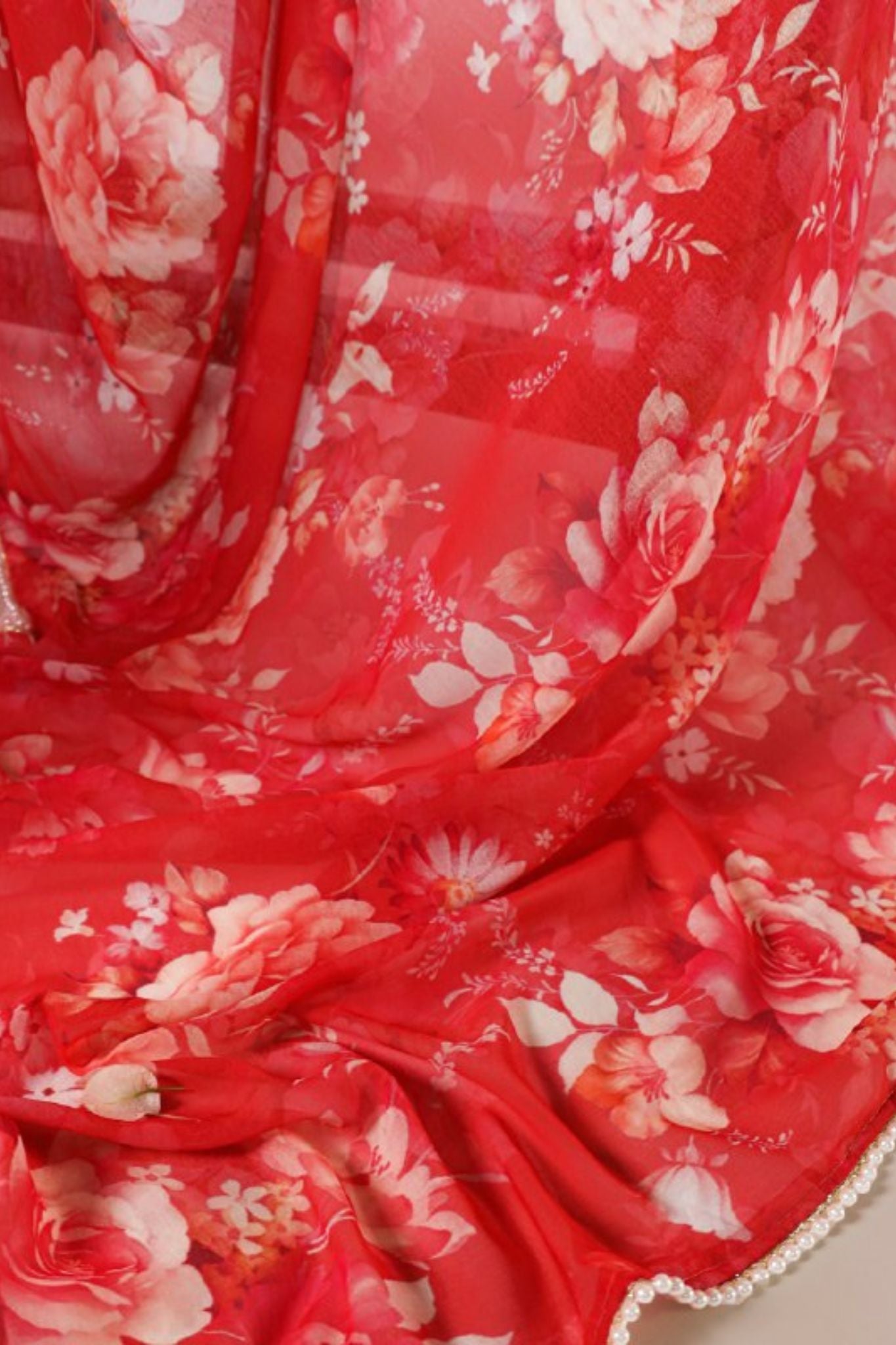 Elegant Pearl Lace Detailing Floral Printed Saree