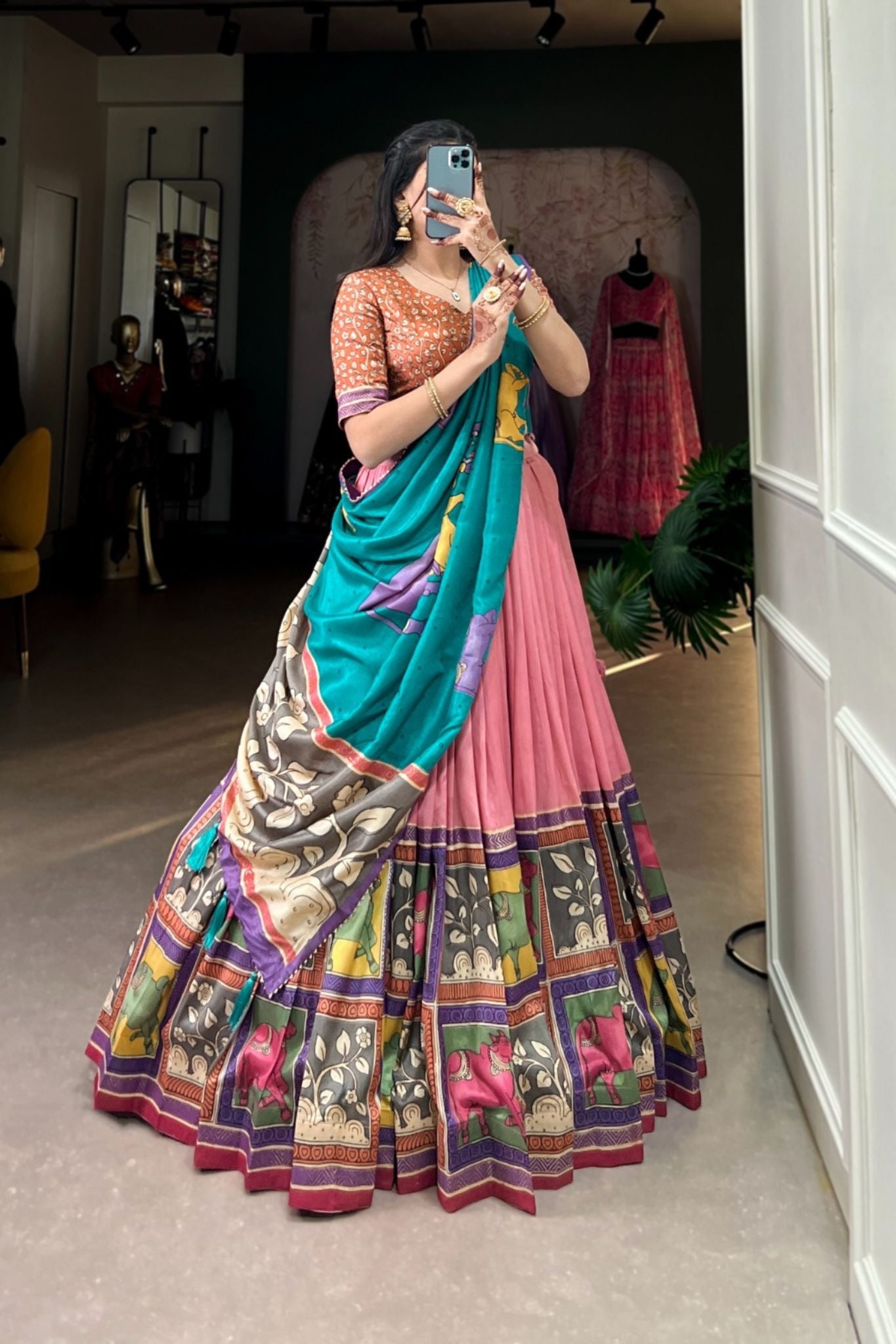 Kalamkari Floral printed South Indian Tradition Lehenga Set