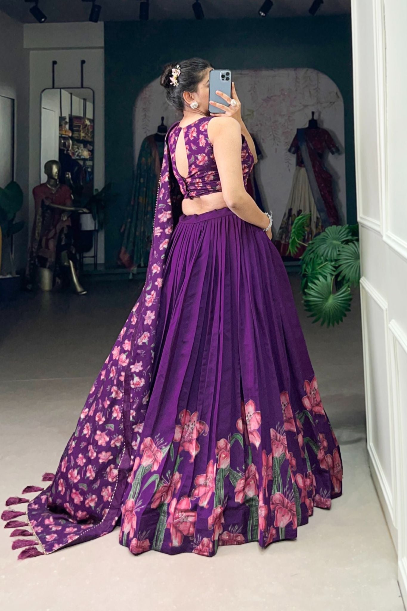 Floral Print Foil Work Silk Lehenga Choli