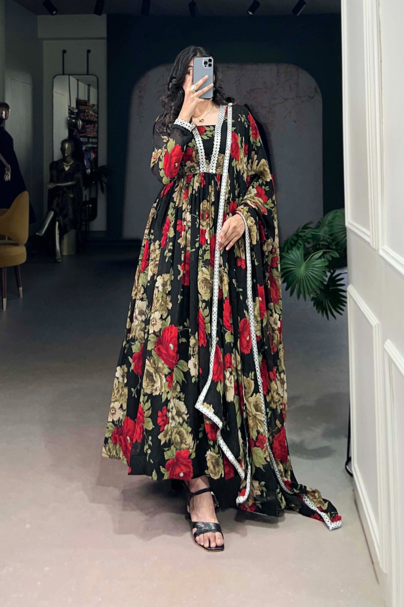 Elegant Floral Printed Georgette Anarkali Gown