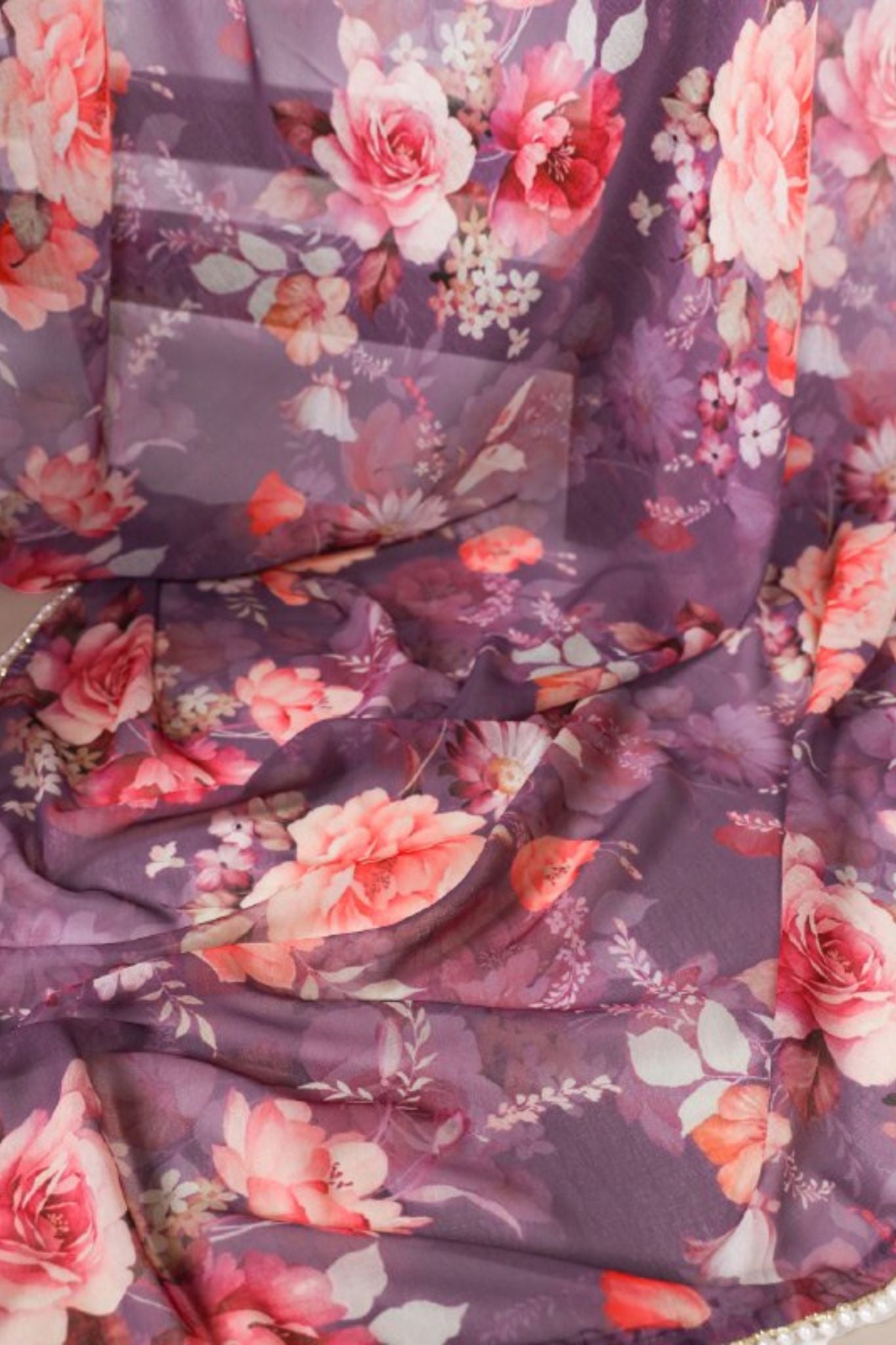 Elegant Pearl Lace Detailing Floral Printed Saree