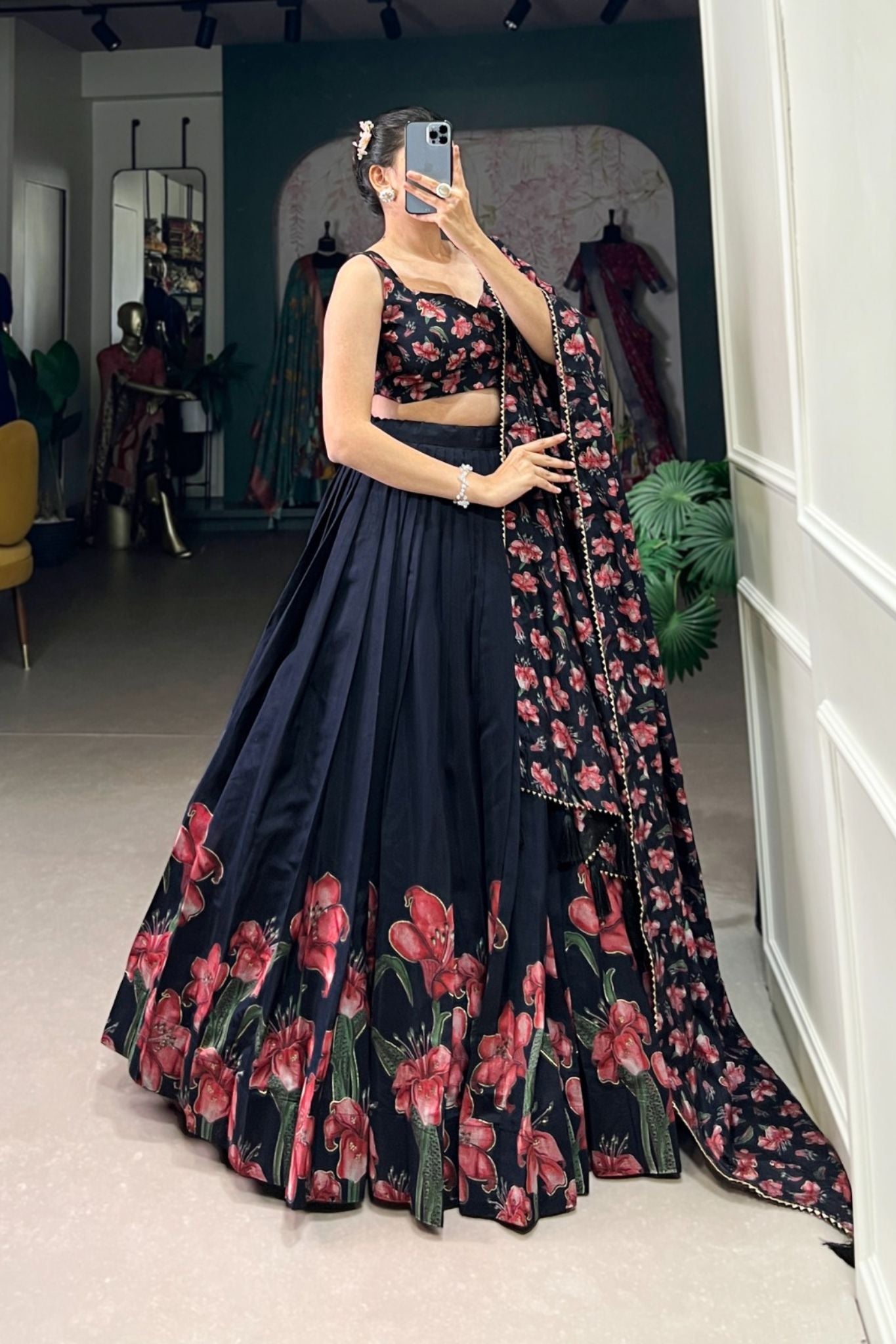 Floral Print Foil Work Silk Lehenga Choli