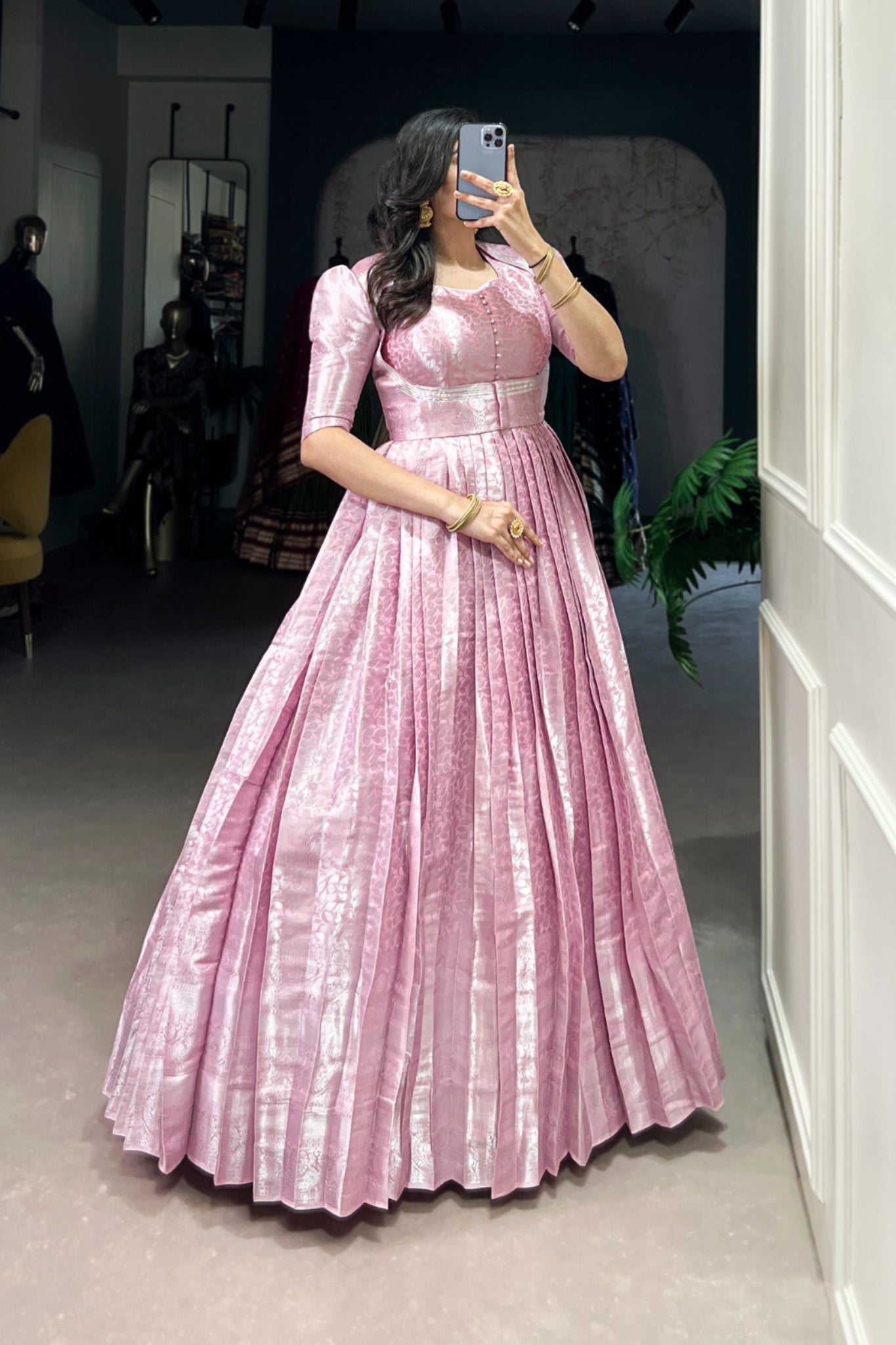 Elegant Kanjivaram Gown With Zari Work & Matching Koti