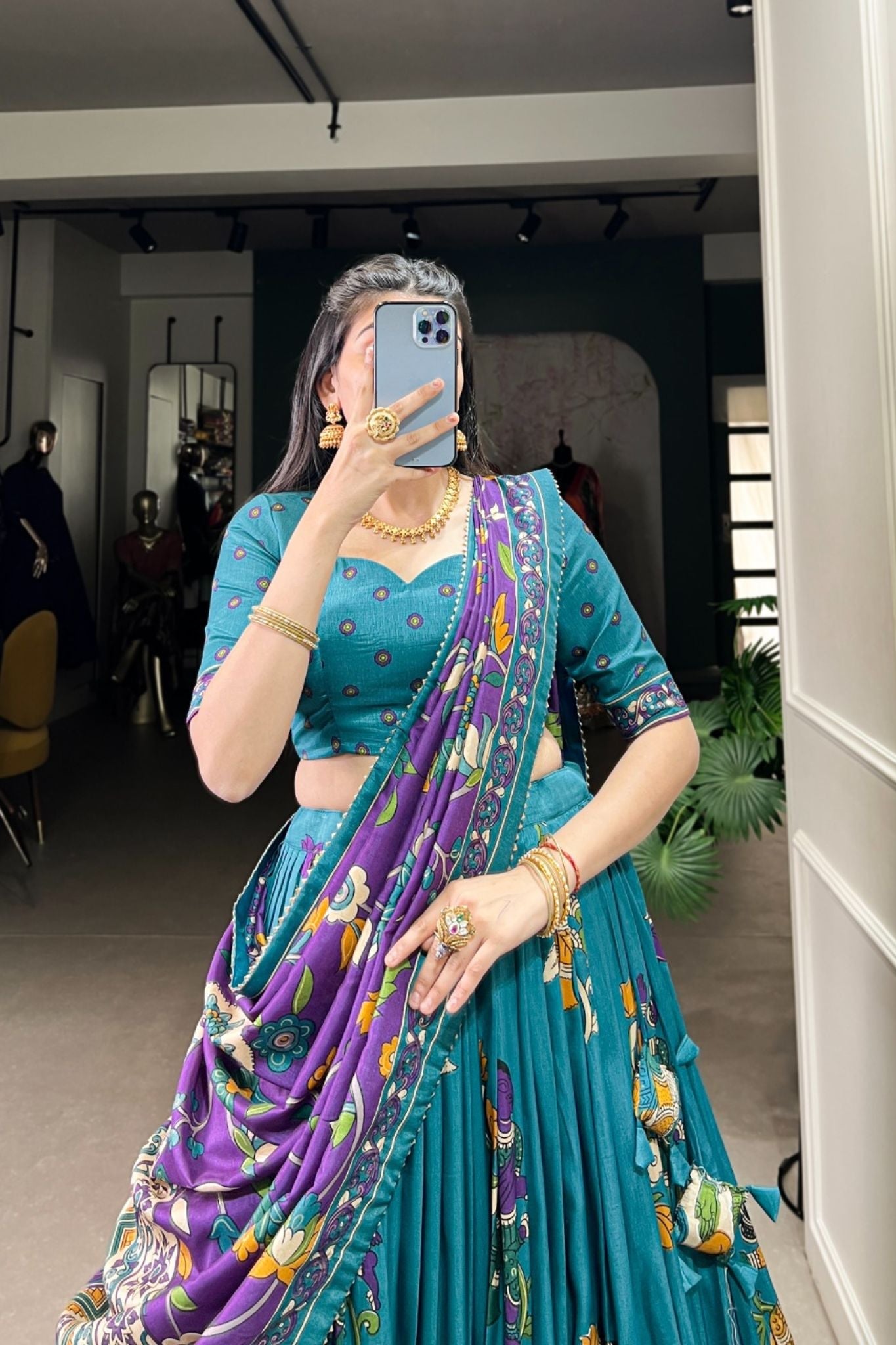 Kalamkari Printed Tussar Silk  Traditional Lehenga Choli