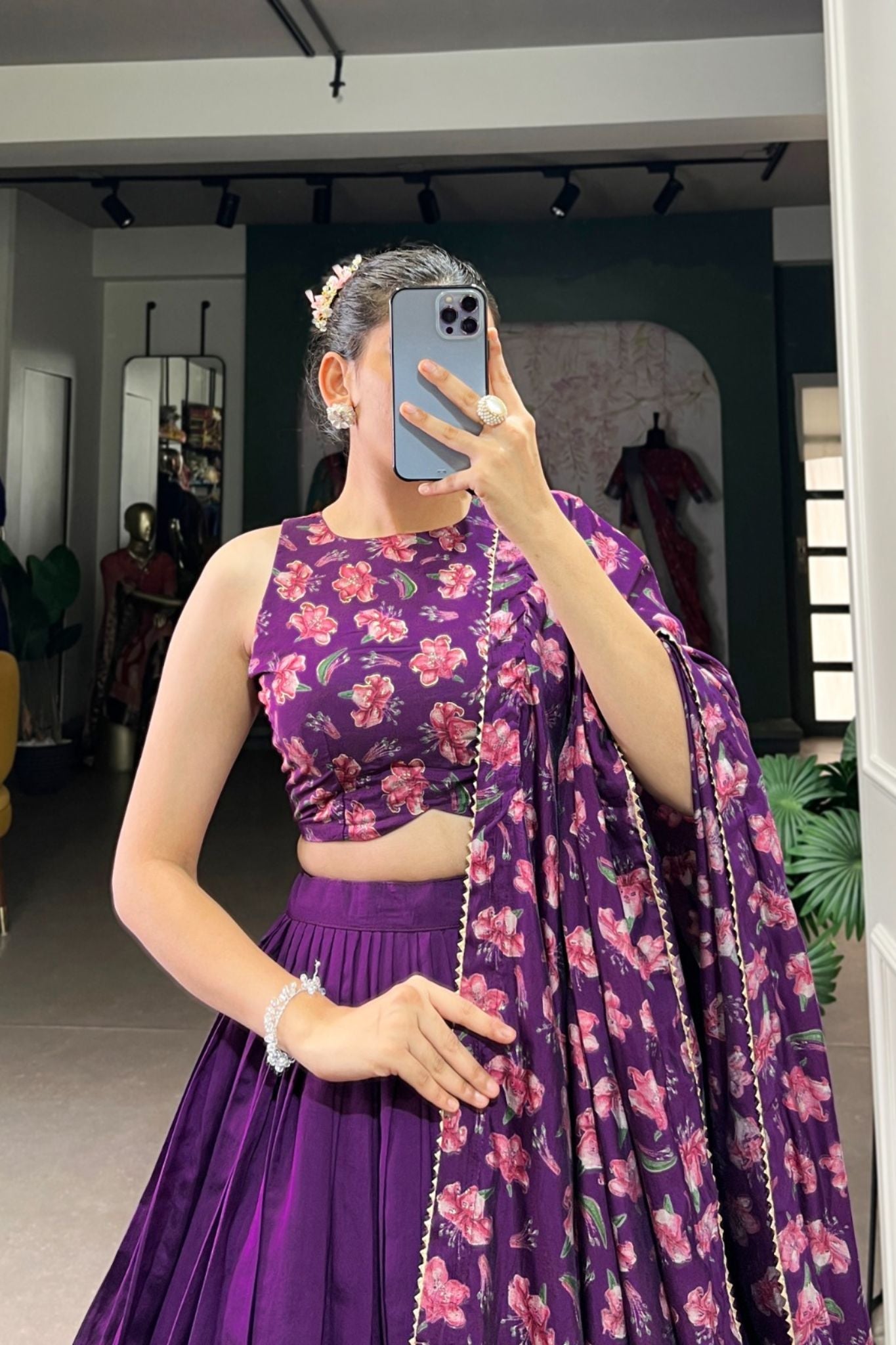 Floral Print Foil Work Silk Lehenga Choli