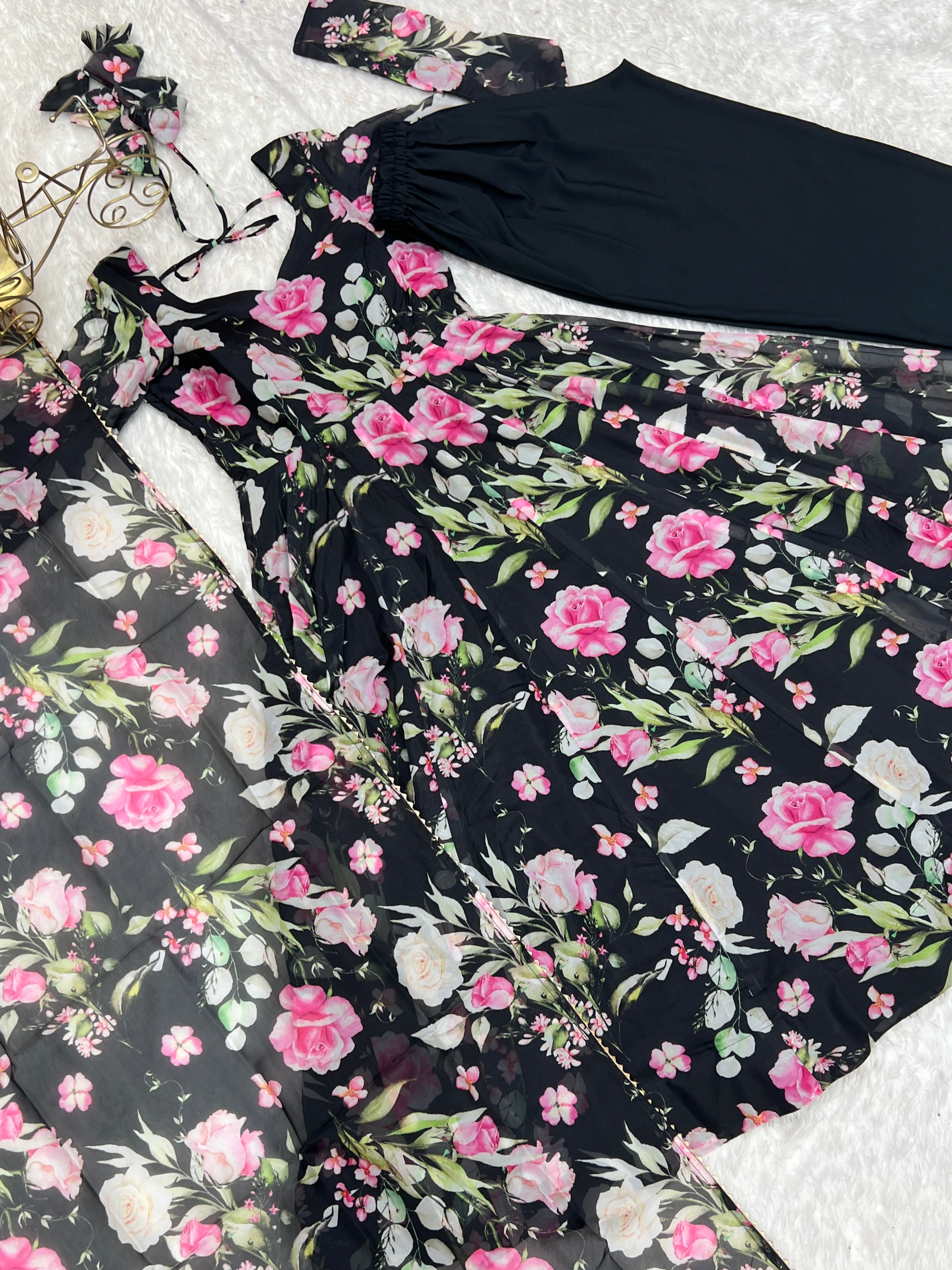 Fancy Black Floral Printed Organza Anarkali Suit For Women