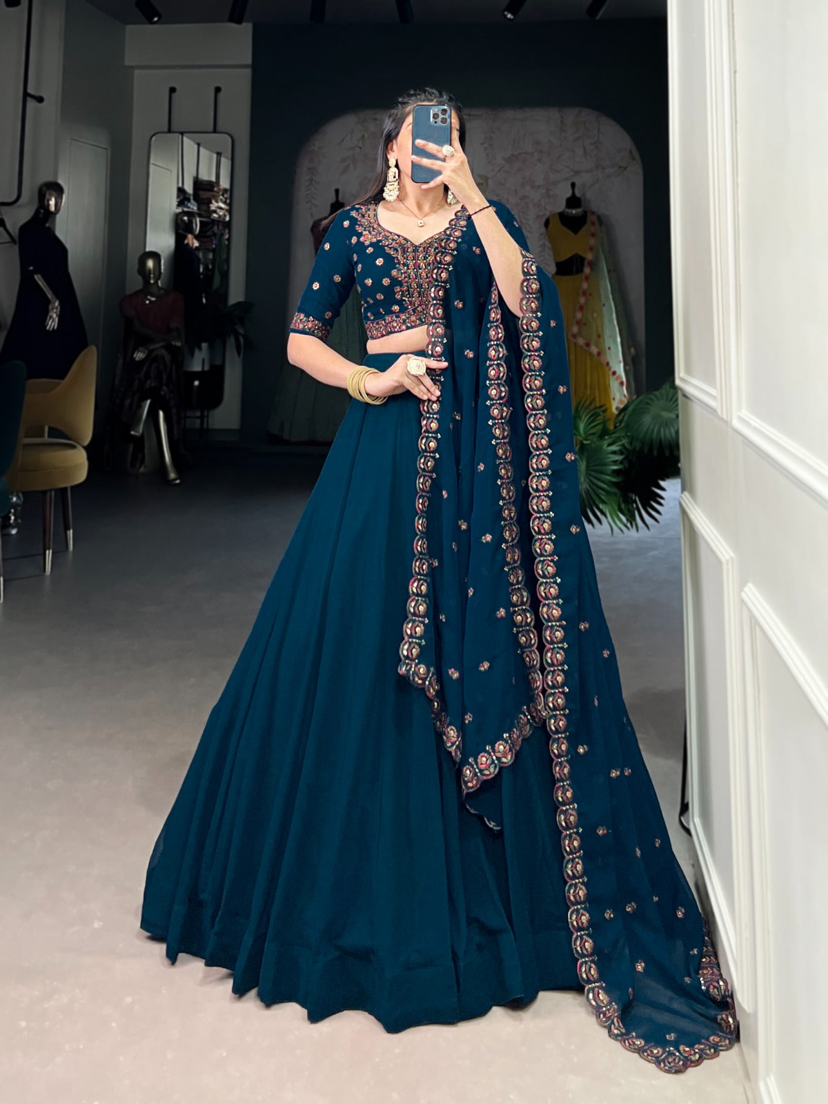 Blue Georgette Sequence Thread Embroidery work Lehenga Choli Set (Stitched)